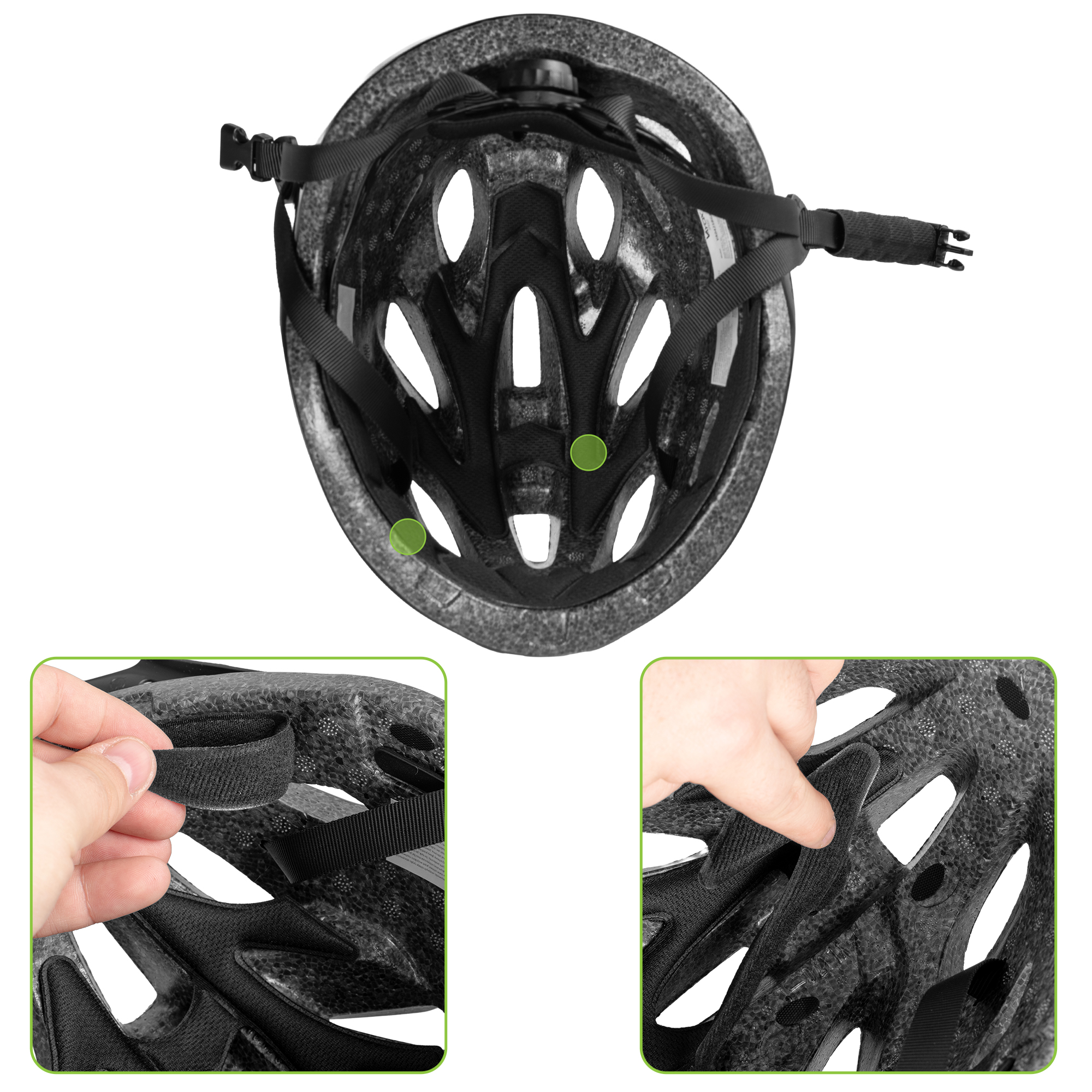 Wnętrze czarno-szarego kasku rowerowego z paskami i pokrętłem.