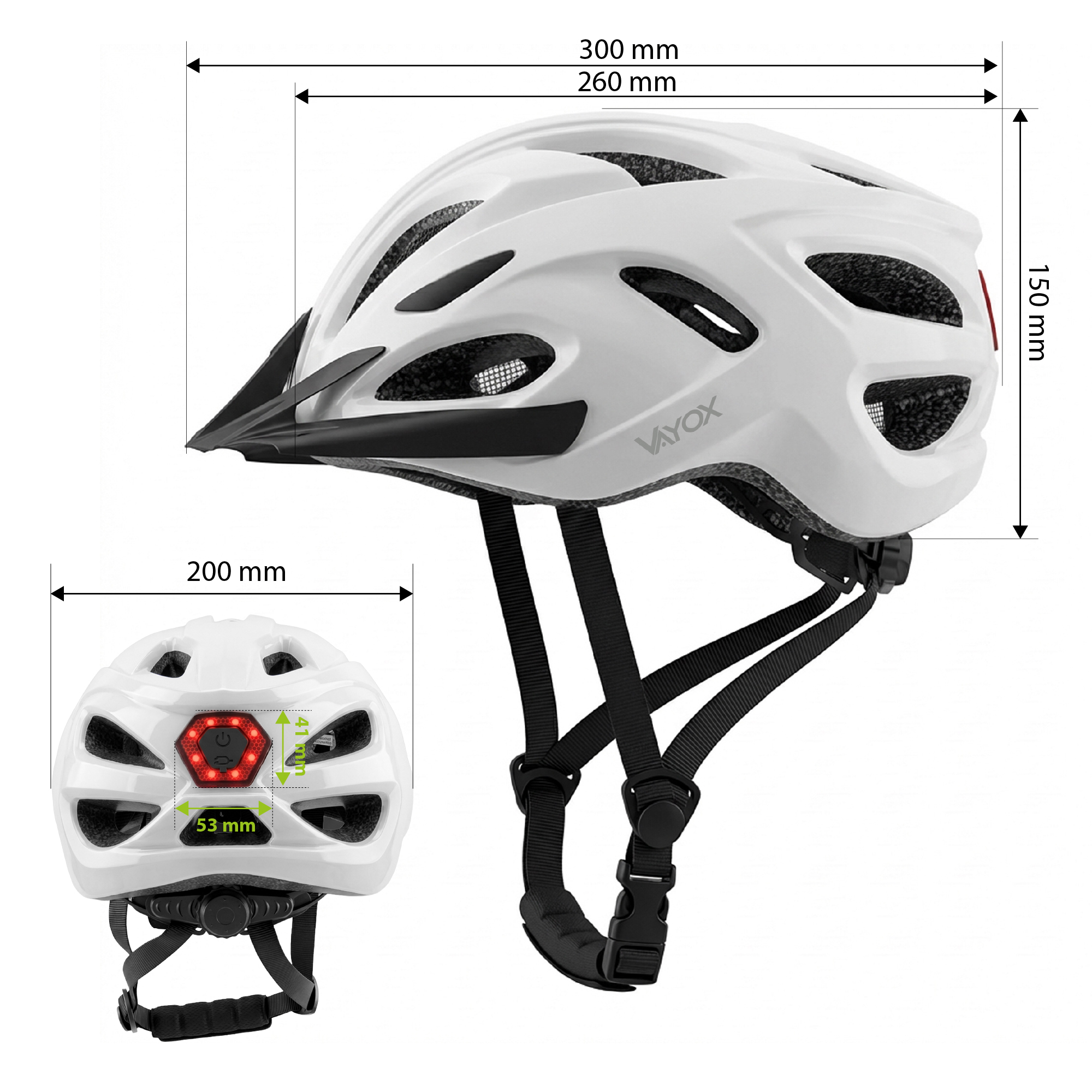 Biały kask rowerowy z czerwonymi światłami tylnymi i oznaczeniami wymiarów.