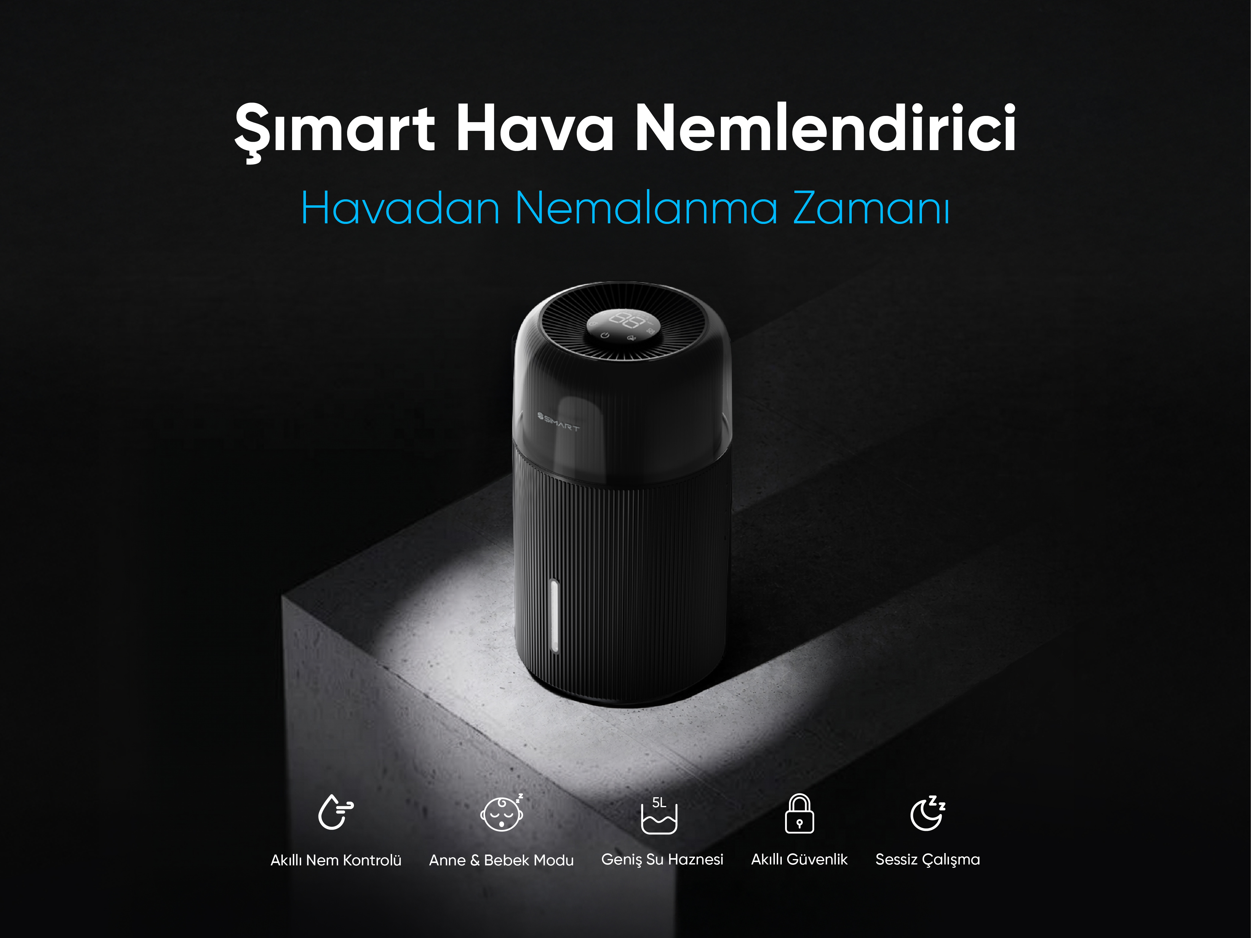 Dijital ekranlı siyah bir nemlendirici, koyu bir yüzeyde duruyor.