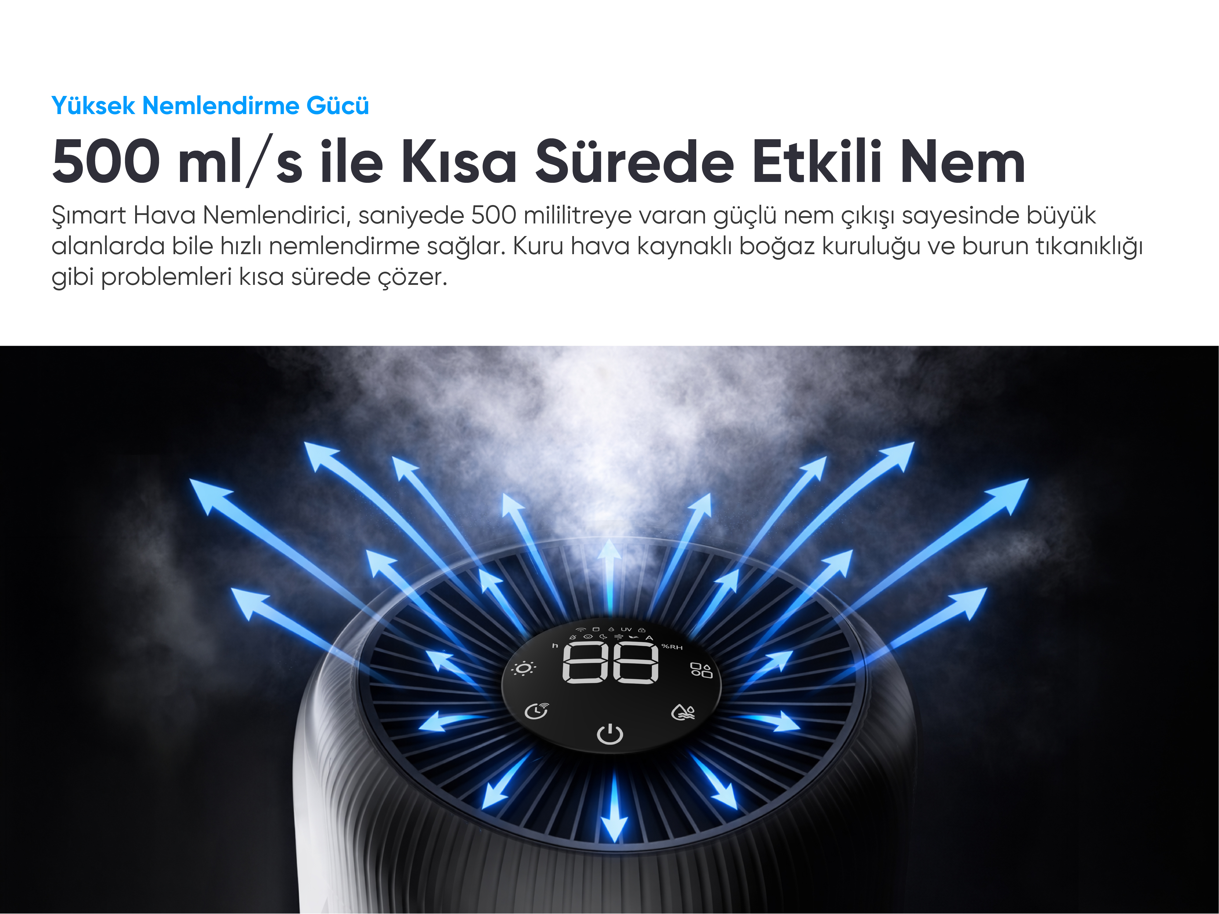 Mavi oklarla buhar yayan, dijital ekranda 88% gösteren bir nemlendirici.