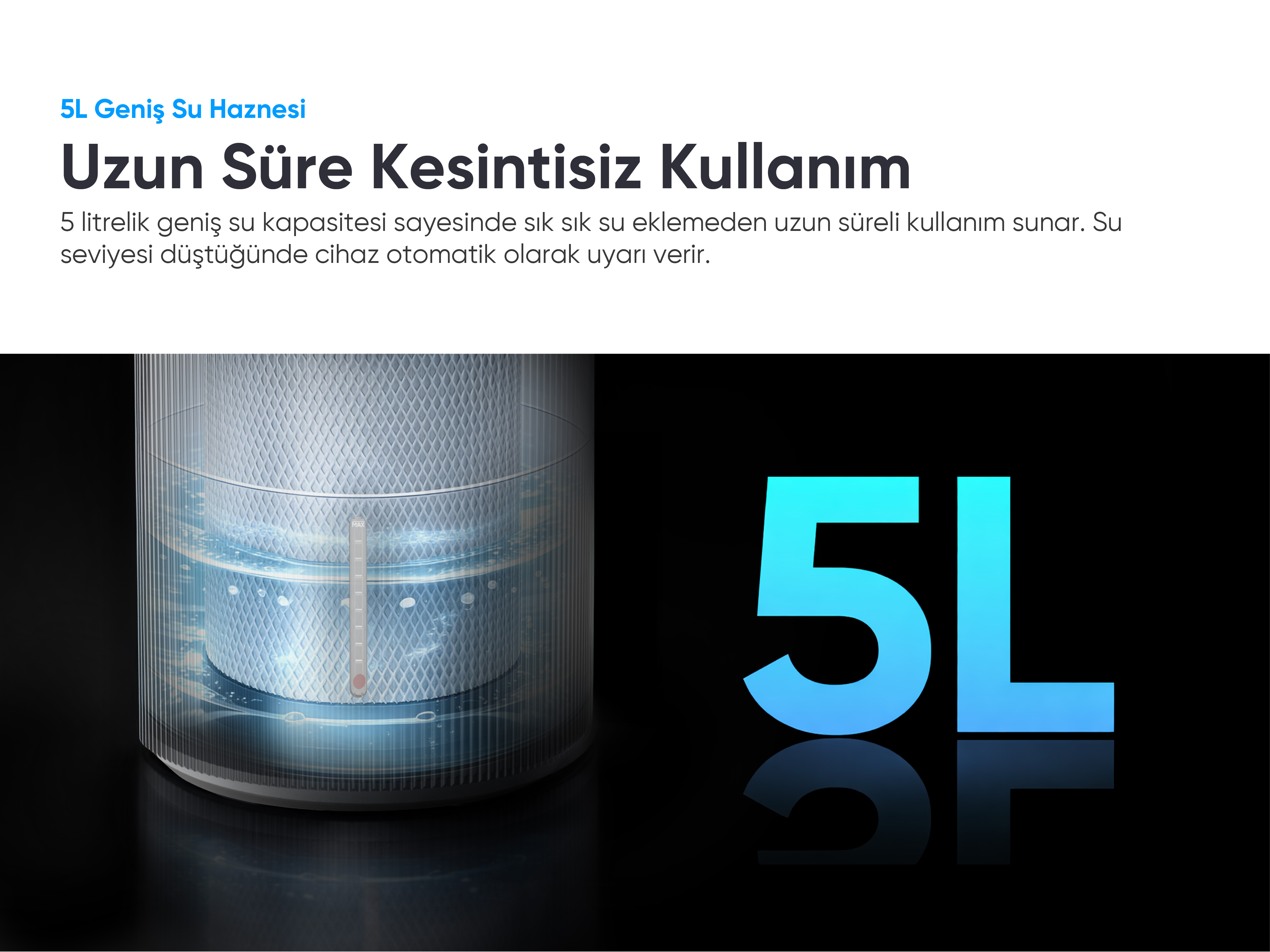 5L su haznesi seviye göstergeli, uzun süreli kullanım için geniş kapasite.