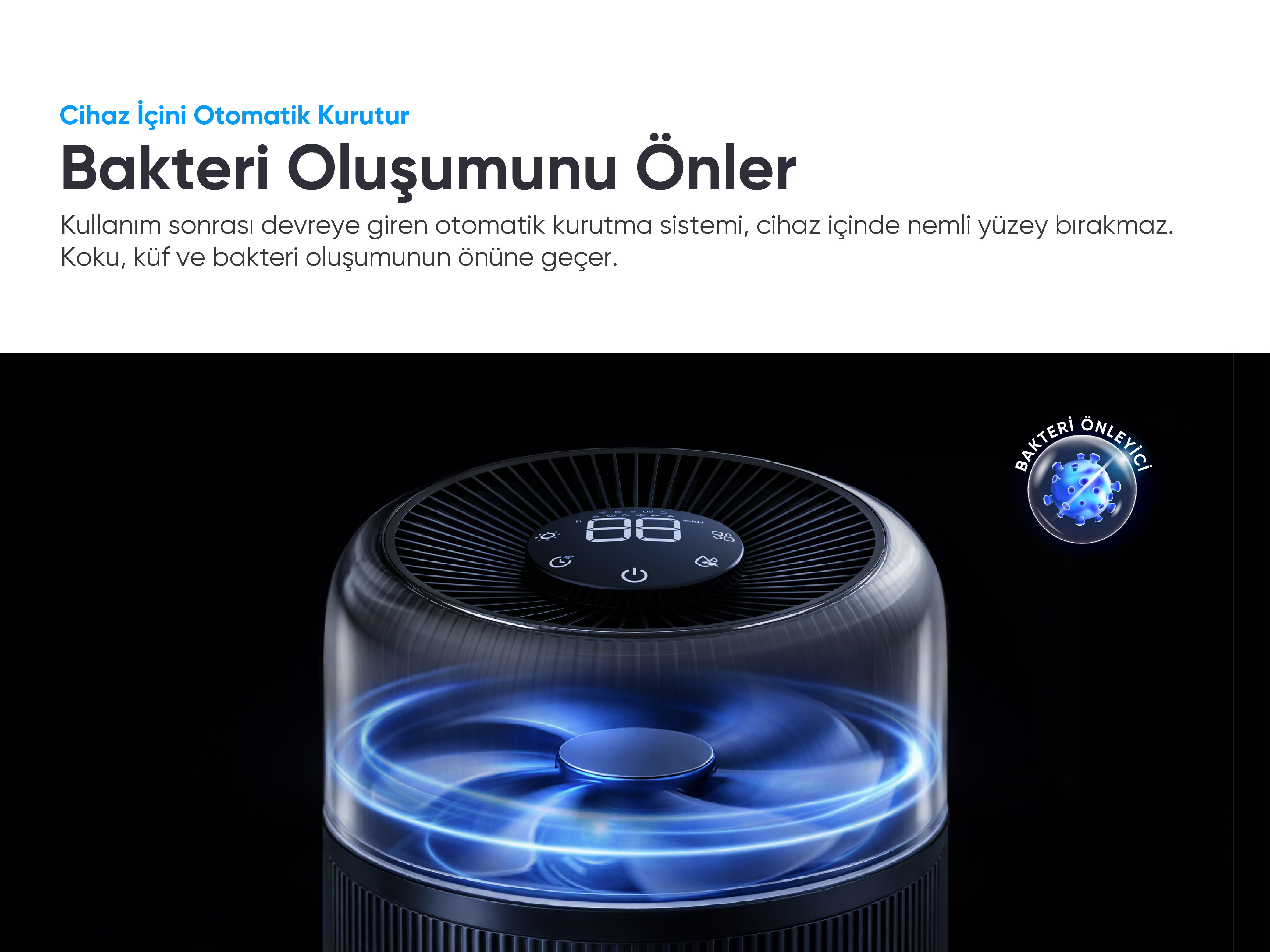 Mavi ışıklı ve bakteri ikonlu modern hava temizleyici.
