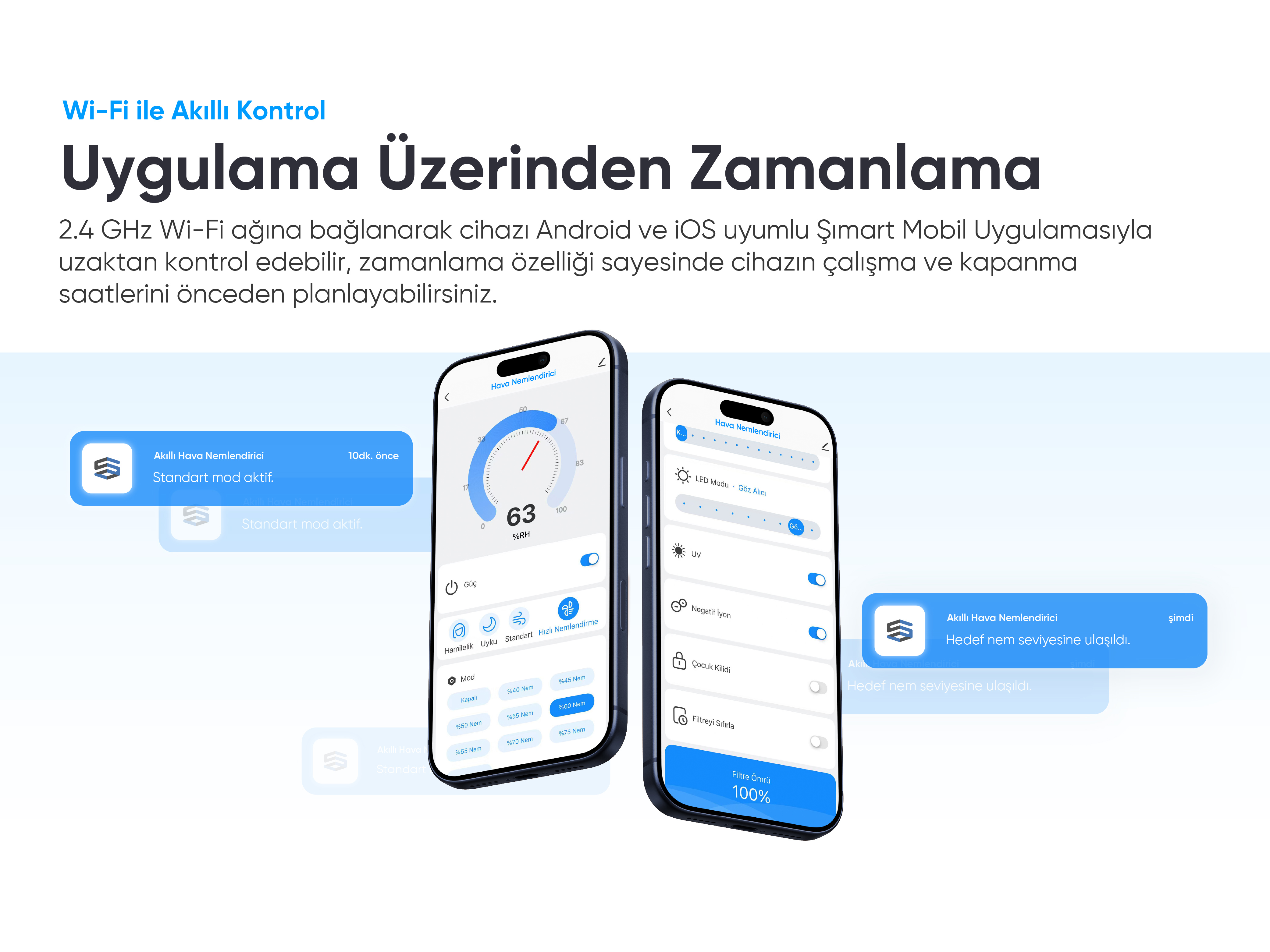 İki akıllı telefon, nem seviyelerini gösteren bir nemlendirici kontrol uygulaması görüntüler.