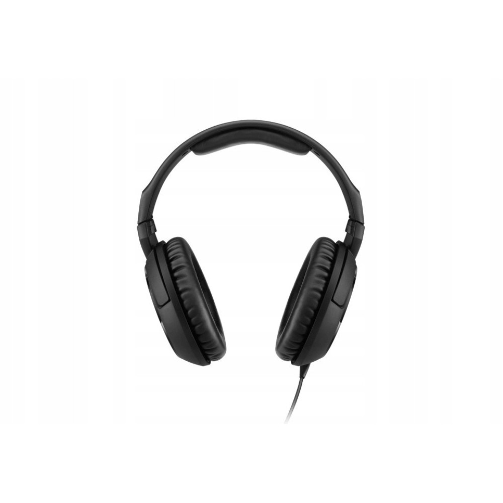 Czarne słuchawki nauszne z wyściełanym pałąkiem i kablem.