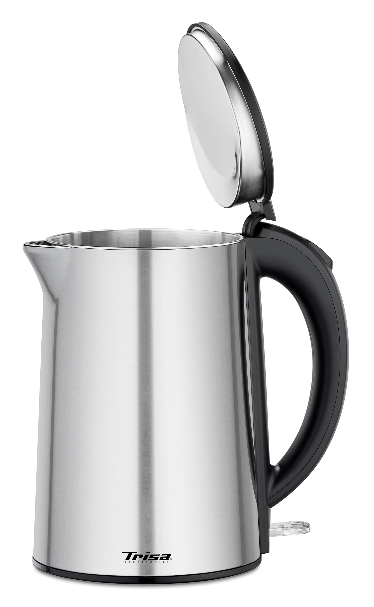 Ein silberner Wasserkocher mit offenem Deckel und schwarzem Griff.
