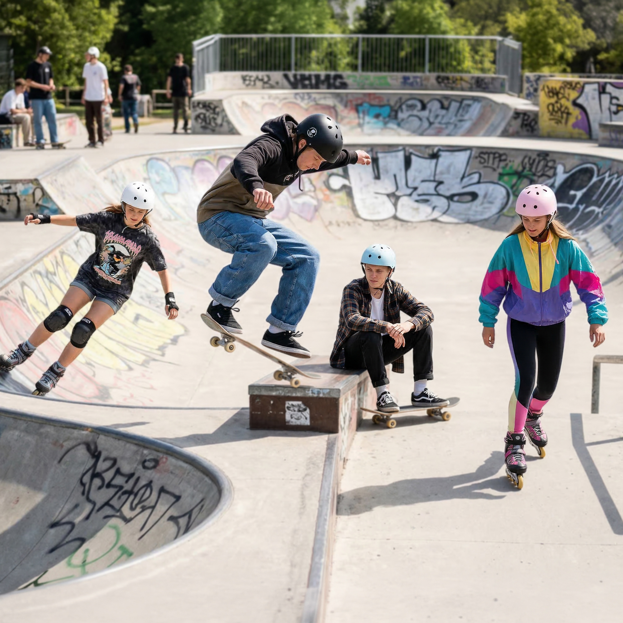 Skateboarder skacze, rolkarze i widzowie w skateparku pokrytym graffiti.