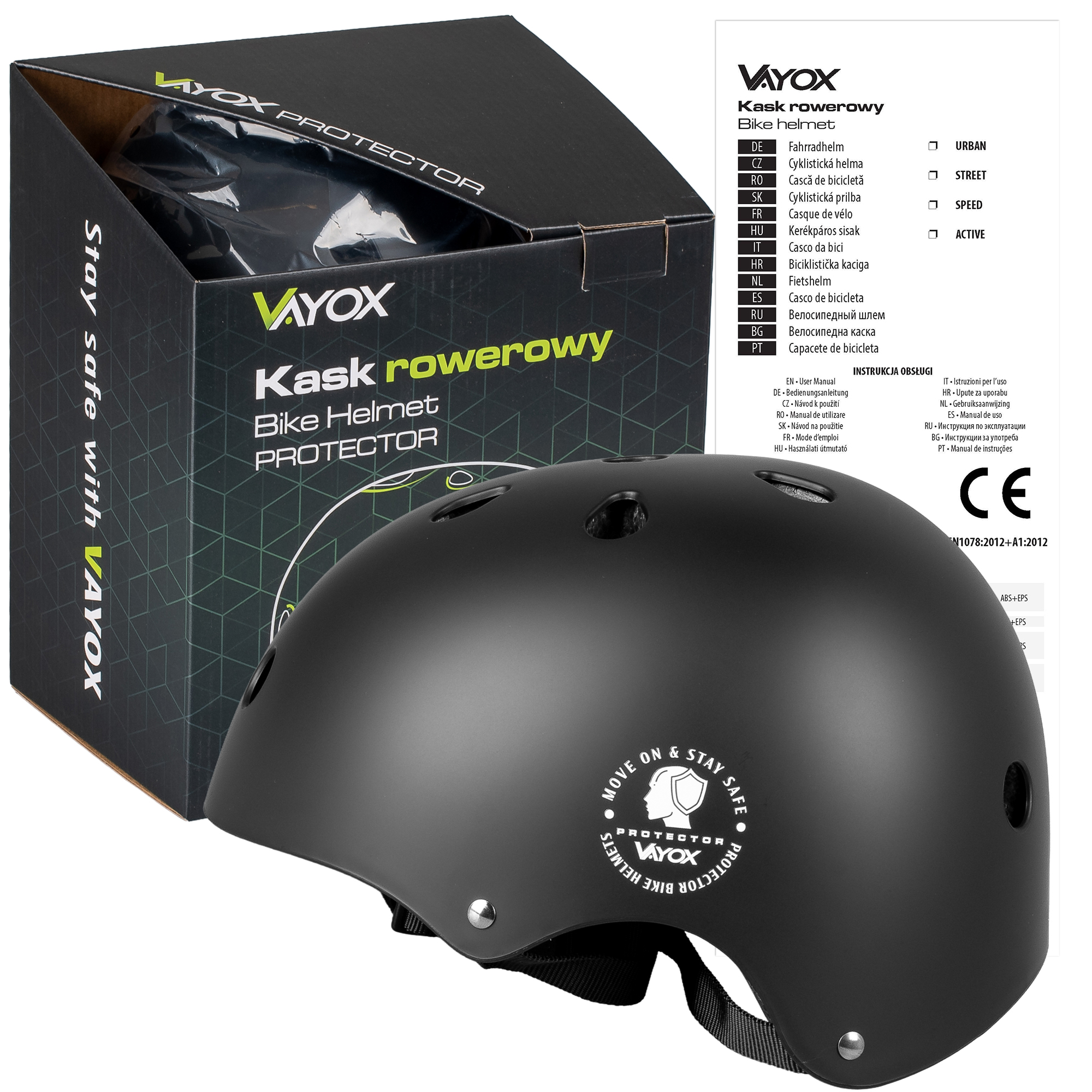 Czarny kask rowerowy Vayox z opakowaniem i oznaczeniem CE.