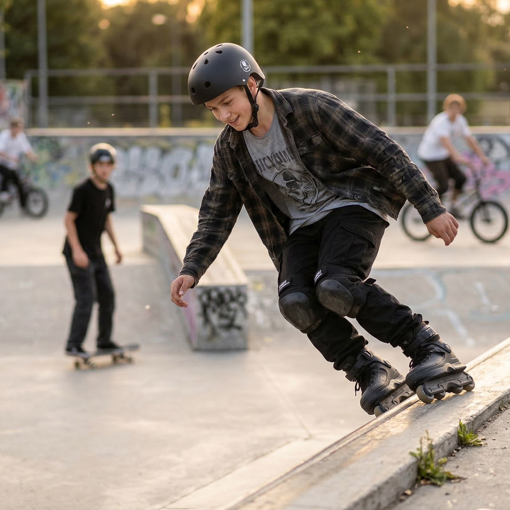Nastolatek jeździ na rolkach w skateparku, podczas gdy inni jeżdżą na deskorolkach i rowerach.