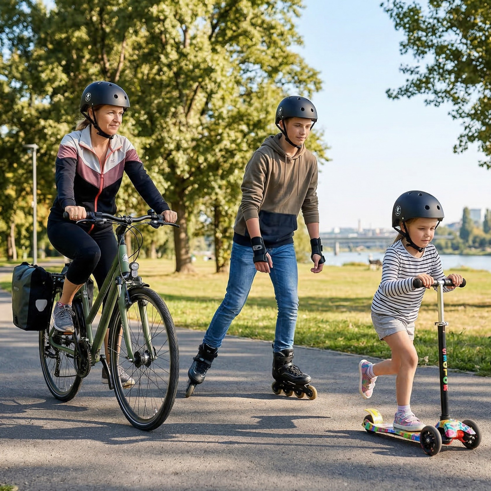 Kobieta jedzie na rowerze, chłopiec jeździ na rolkach, dziecko jedzie na hulajnodze w parku.