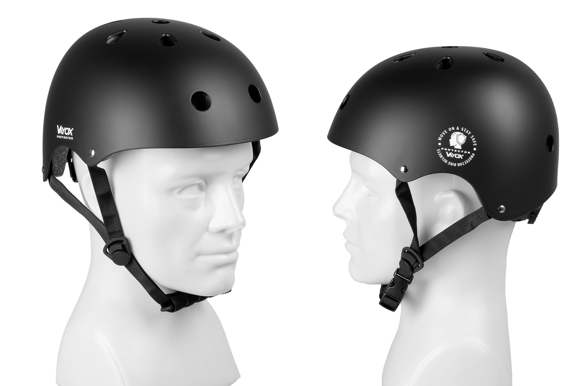 Dwa czarne kaski rowerowe na białych głowach manekinów, widok z przodu i z boku.
