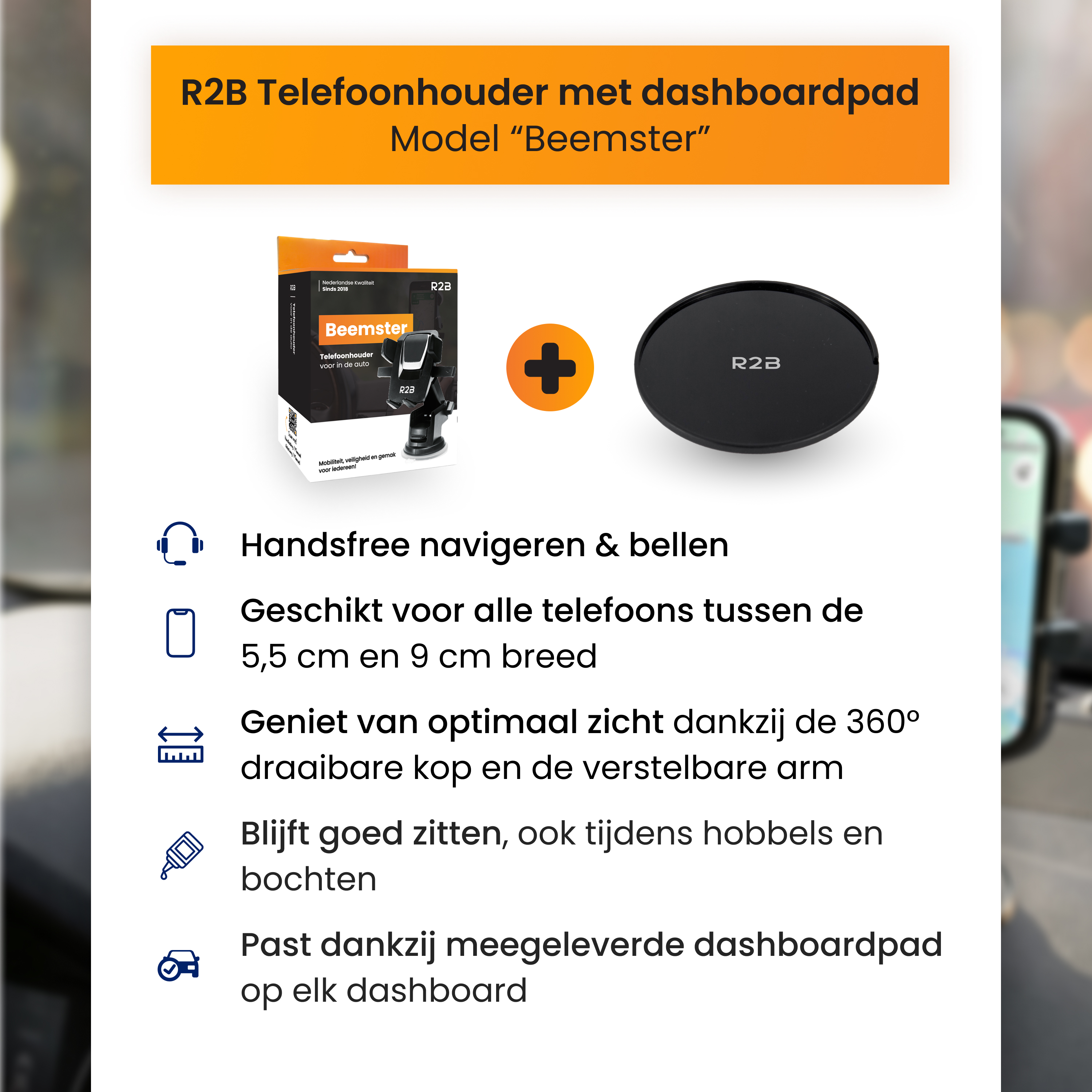 R2B Handyhalterung 'Beemster' mit Dashboardpad. Faltbar, 360° drehbar.