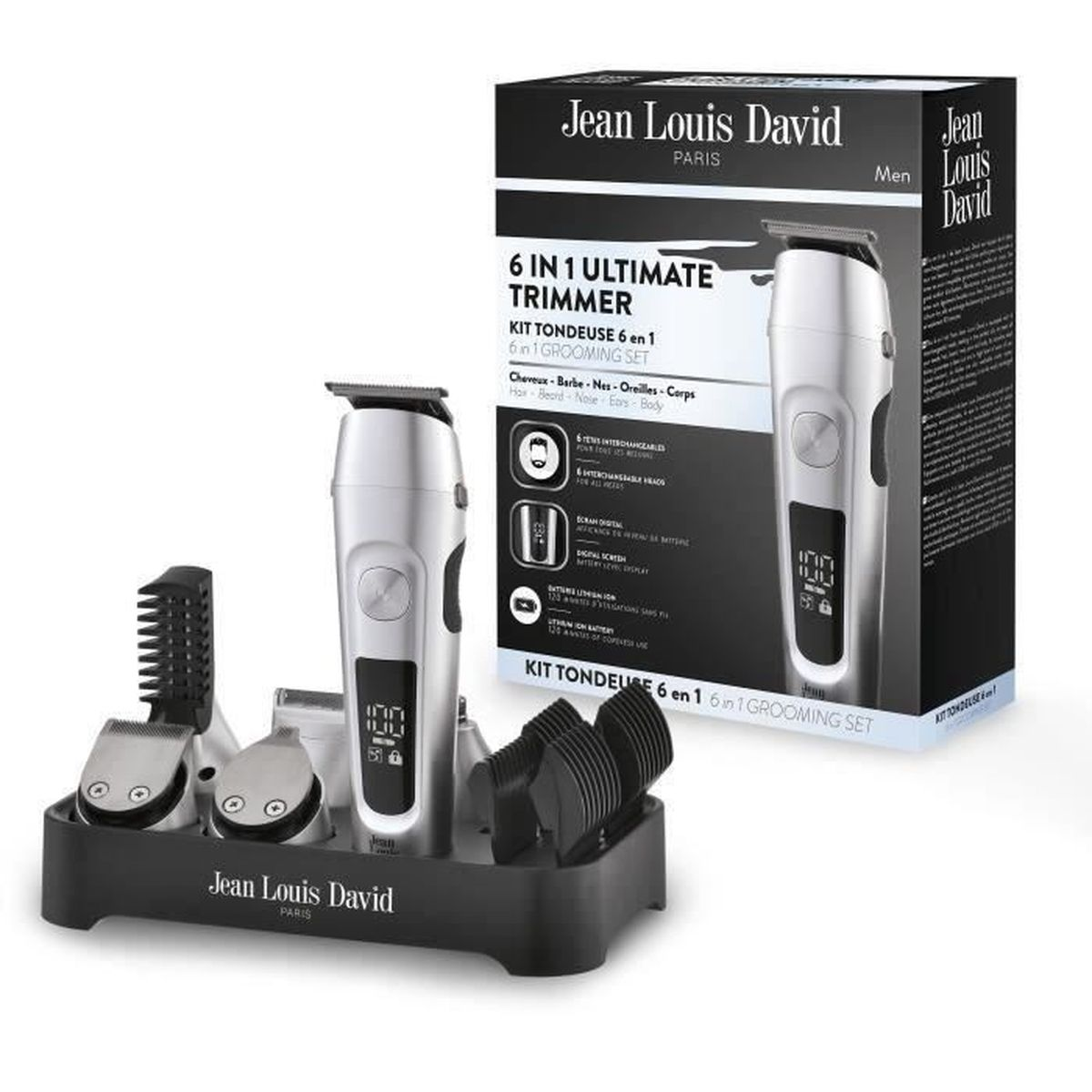 Ein silberner Trimmer-Set von Jean Louis David mit Zubehör auf einer schwarzen Basis.