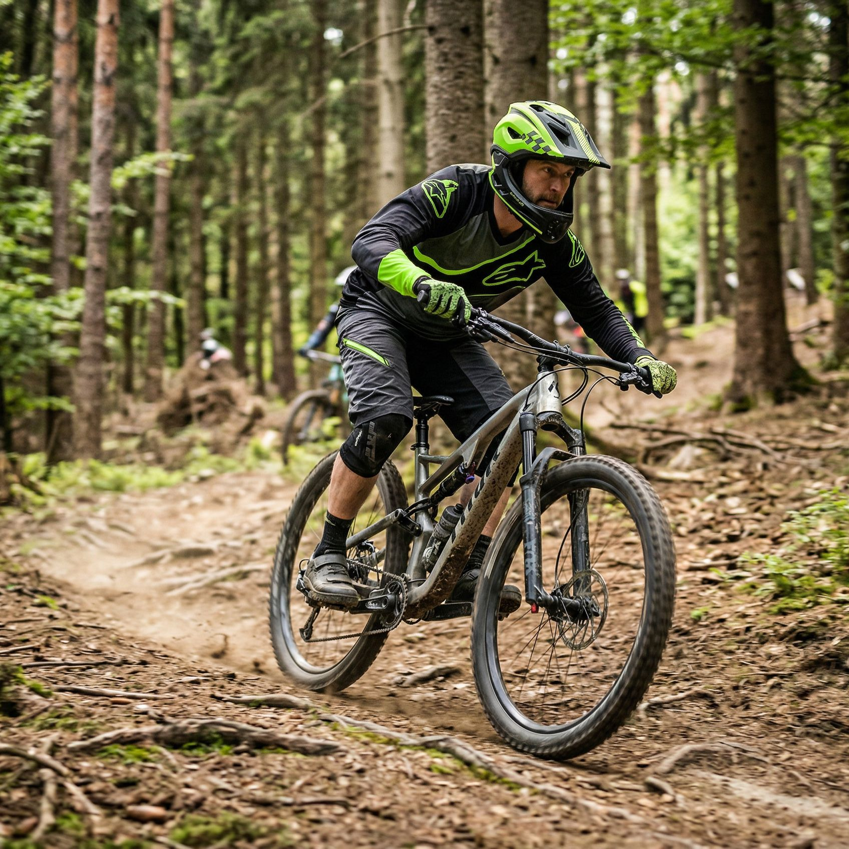 Mężczyzna jeździ na rowerze górskim po leśnej ścieżce, w zielonym kasku i czarno-zielonym stroju.