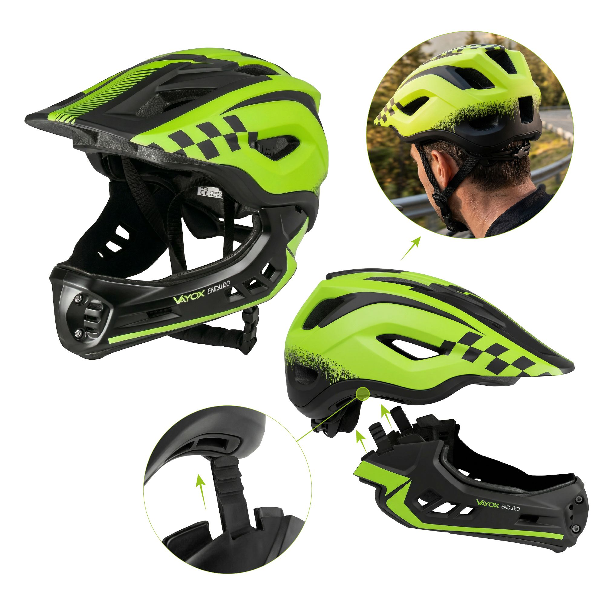 Jaskrawozielny i czarny kask rowerowy z elementami ochronnymi.