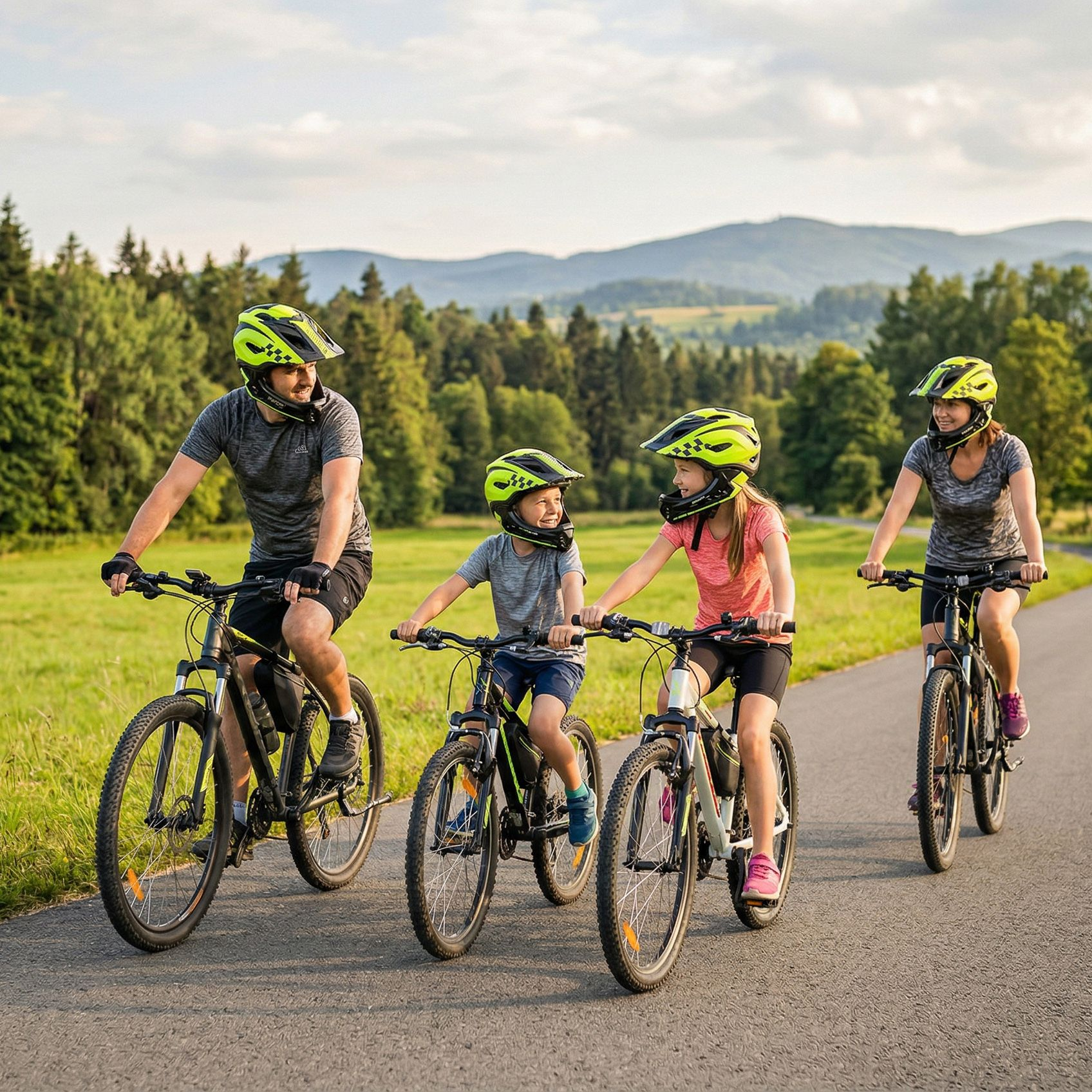 Rodzina czteroosobowa jedzie rowerami po asfaltowej drodze w wiejskim krajobrazie.
