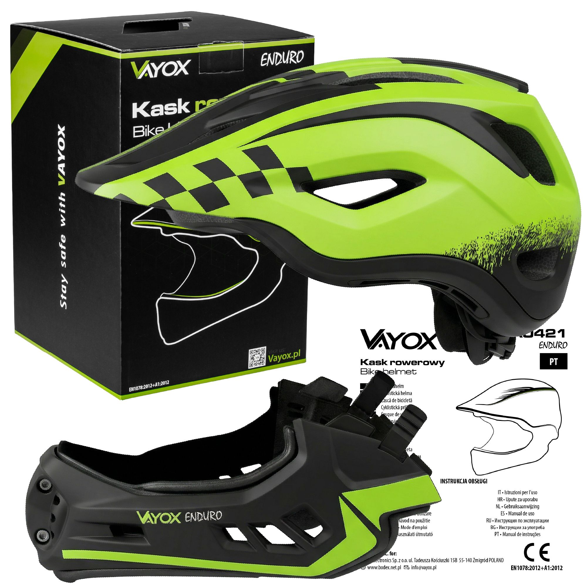 Kask rowerowy Vayox, neonowo zielony i czarny, z pudełkiem i instrukcją obsługi.
