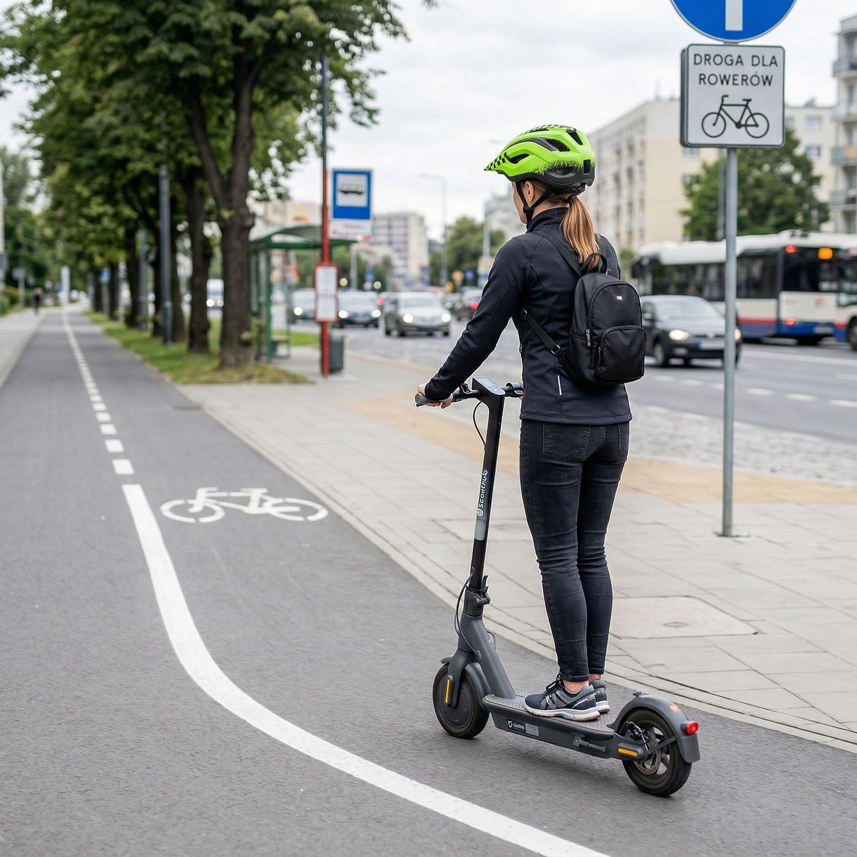 Osoba w kasku jedzie na hulajnodze po ścieżce rowerowej obok ulicy z autami i autobusem.