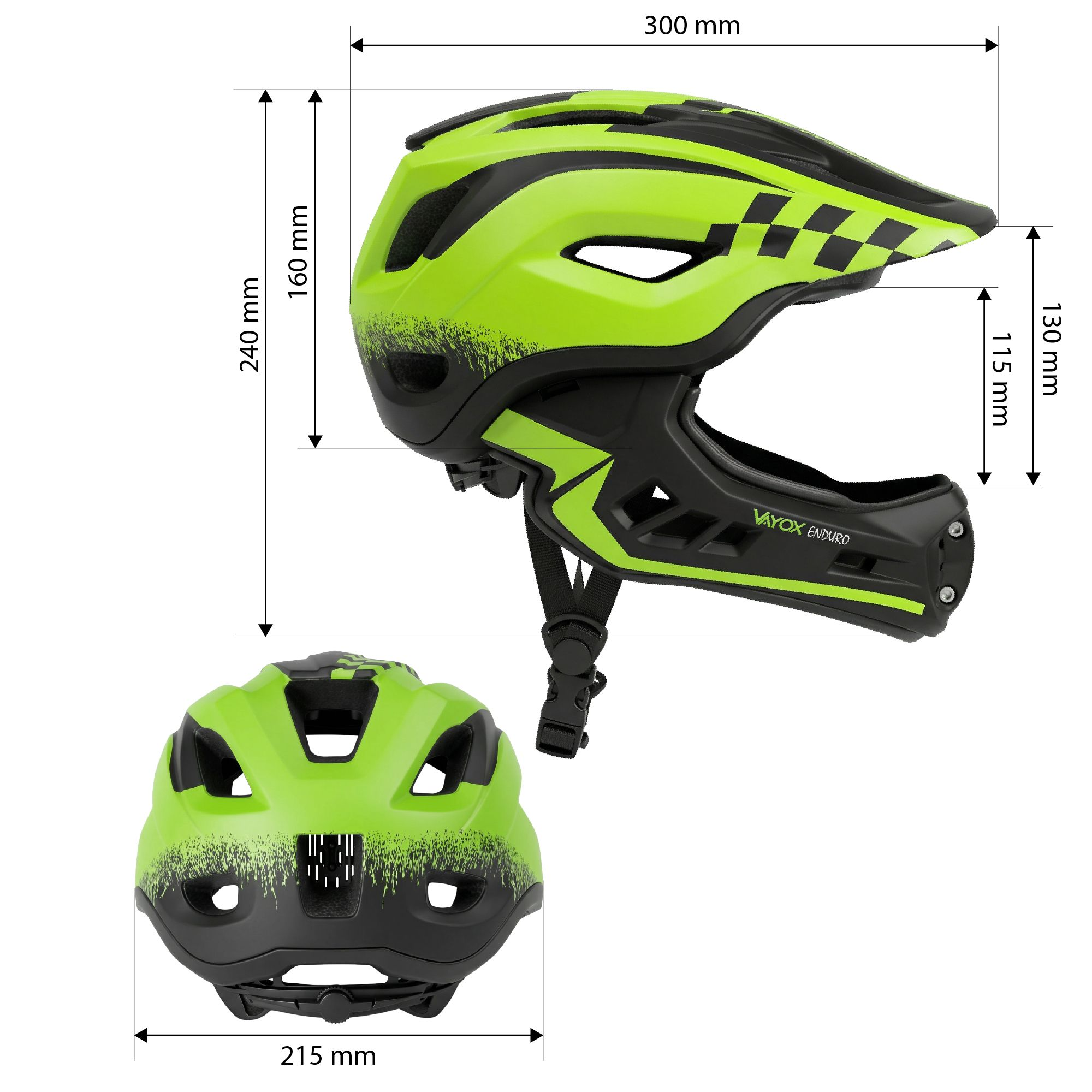 Zielono-czarny kask rowerowy z wymiarami.