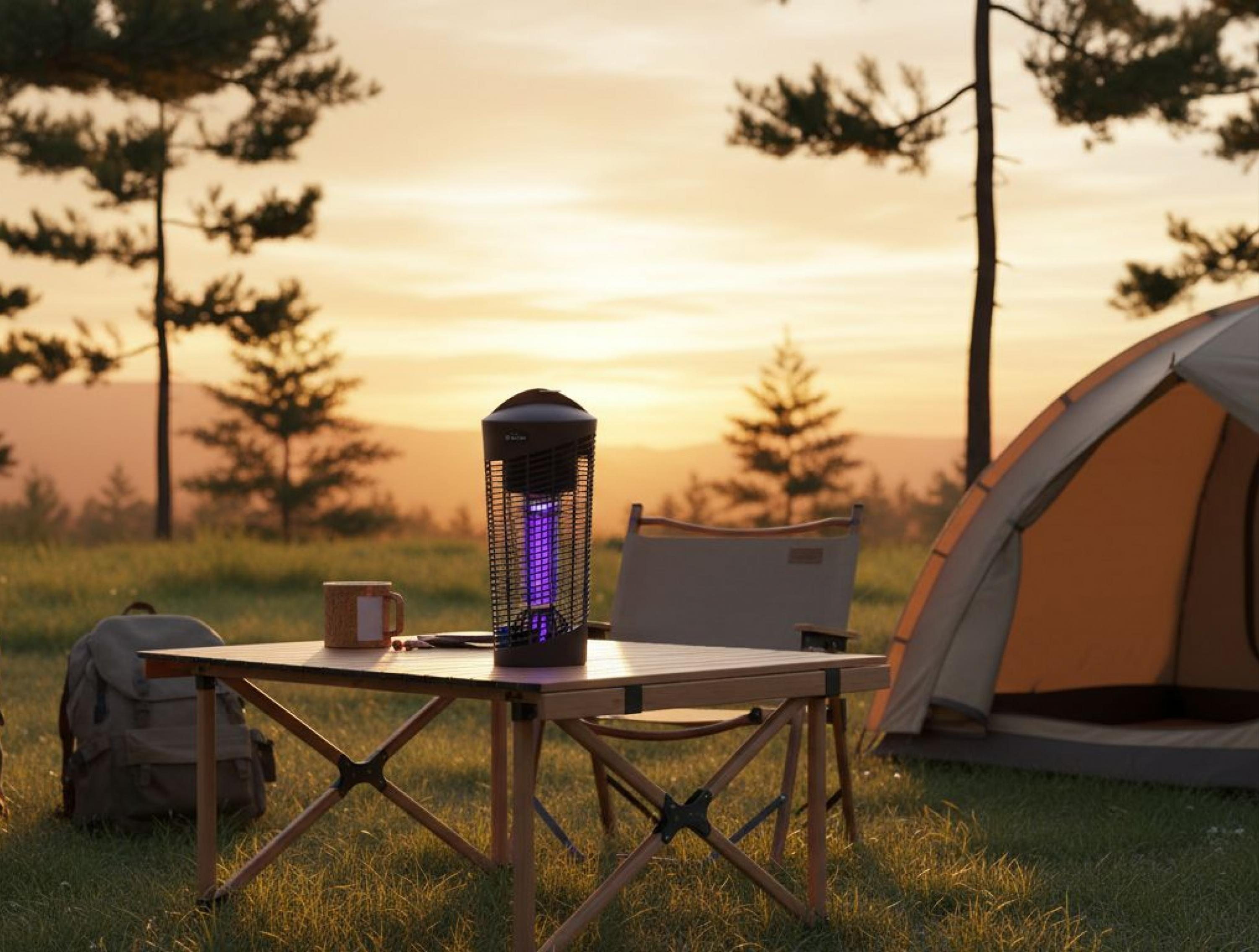 Campamento al atardecer con tienda, mesa, lámpara y mochila.