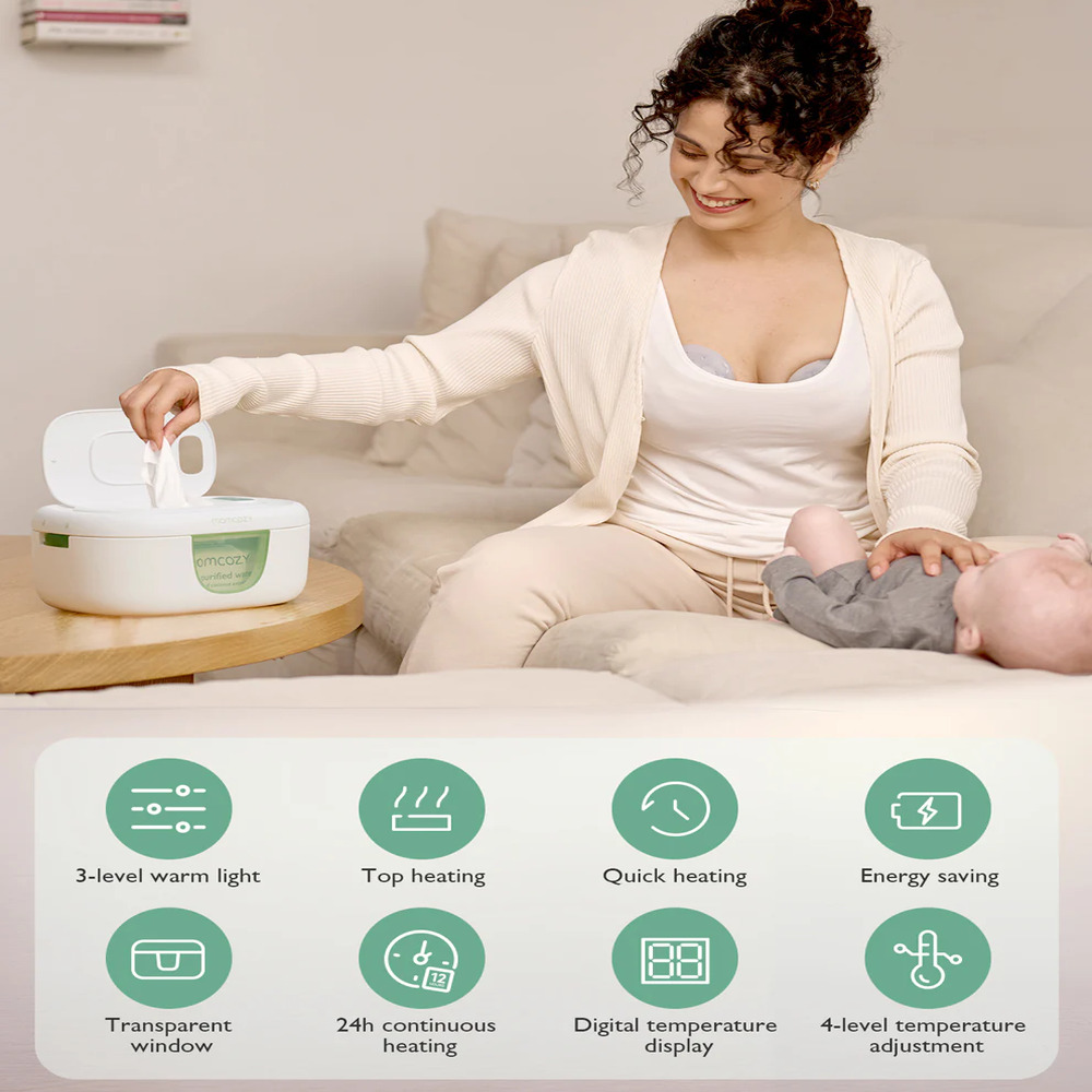 Eine Frau mit Baby benutzt einen Feuchttücherwärmer mit verschiedenen Funktionen.