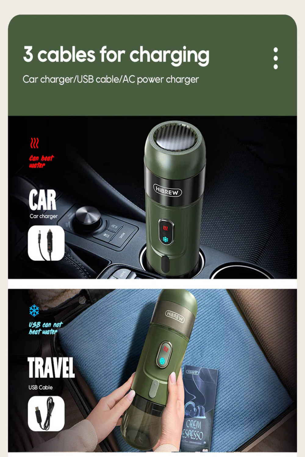 Grüner Reise-Kaffeezubereiter im Auto und in der Hand, mit Ladekabeln.