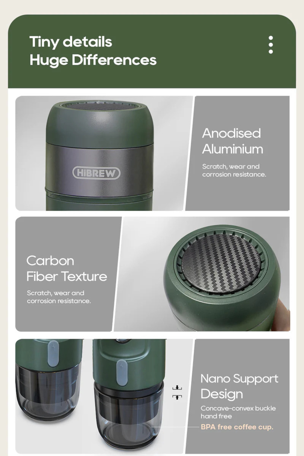 Grüner Kaffeebecher mit Aluminium-, Carbon- und Nano-Design.