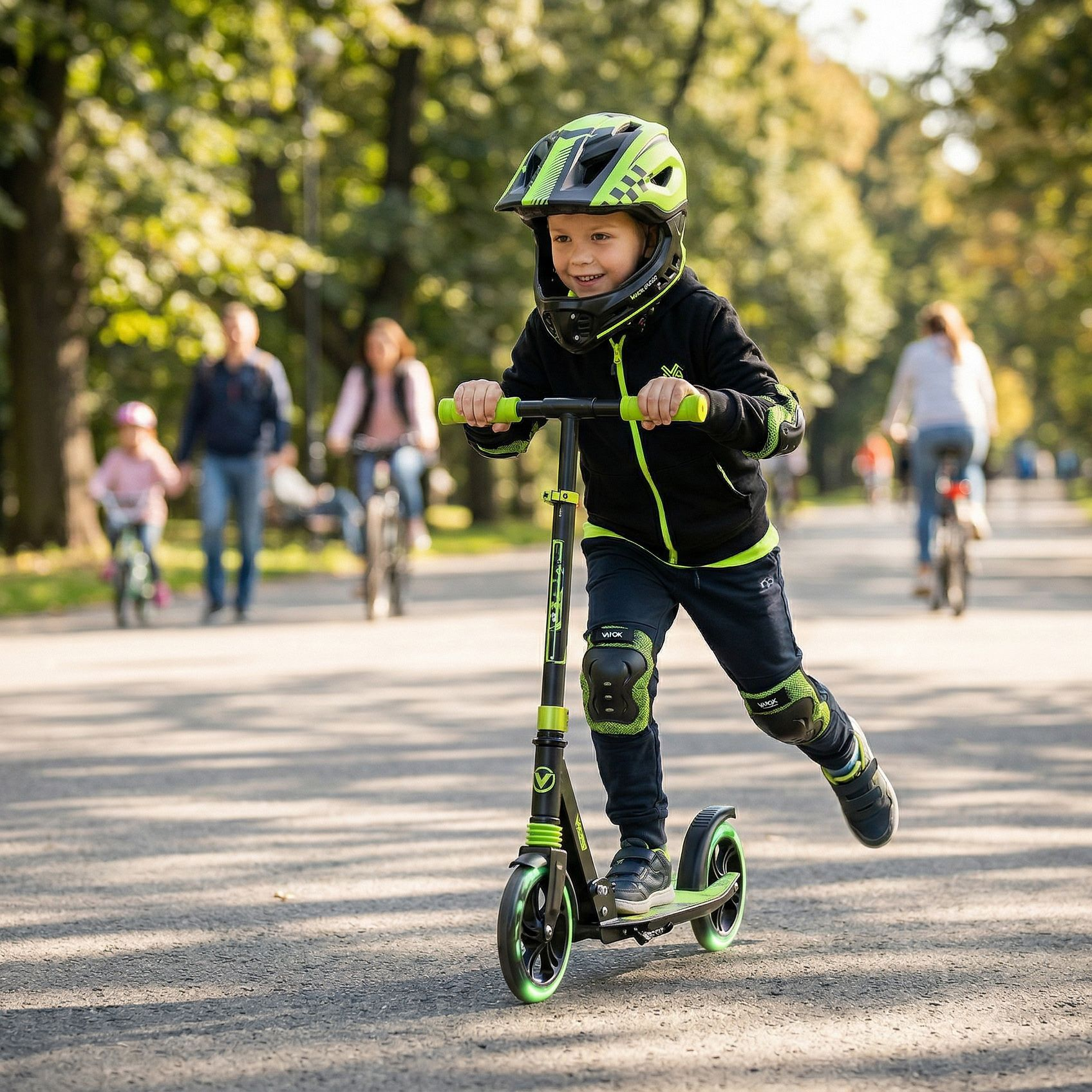 Chłopiec jedzie na hulajnodze w parku. Ma na sobie kask i ochraniacze.