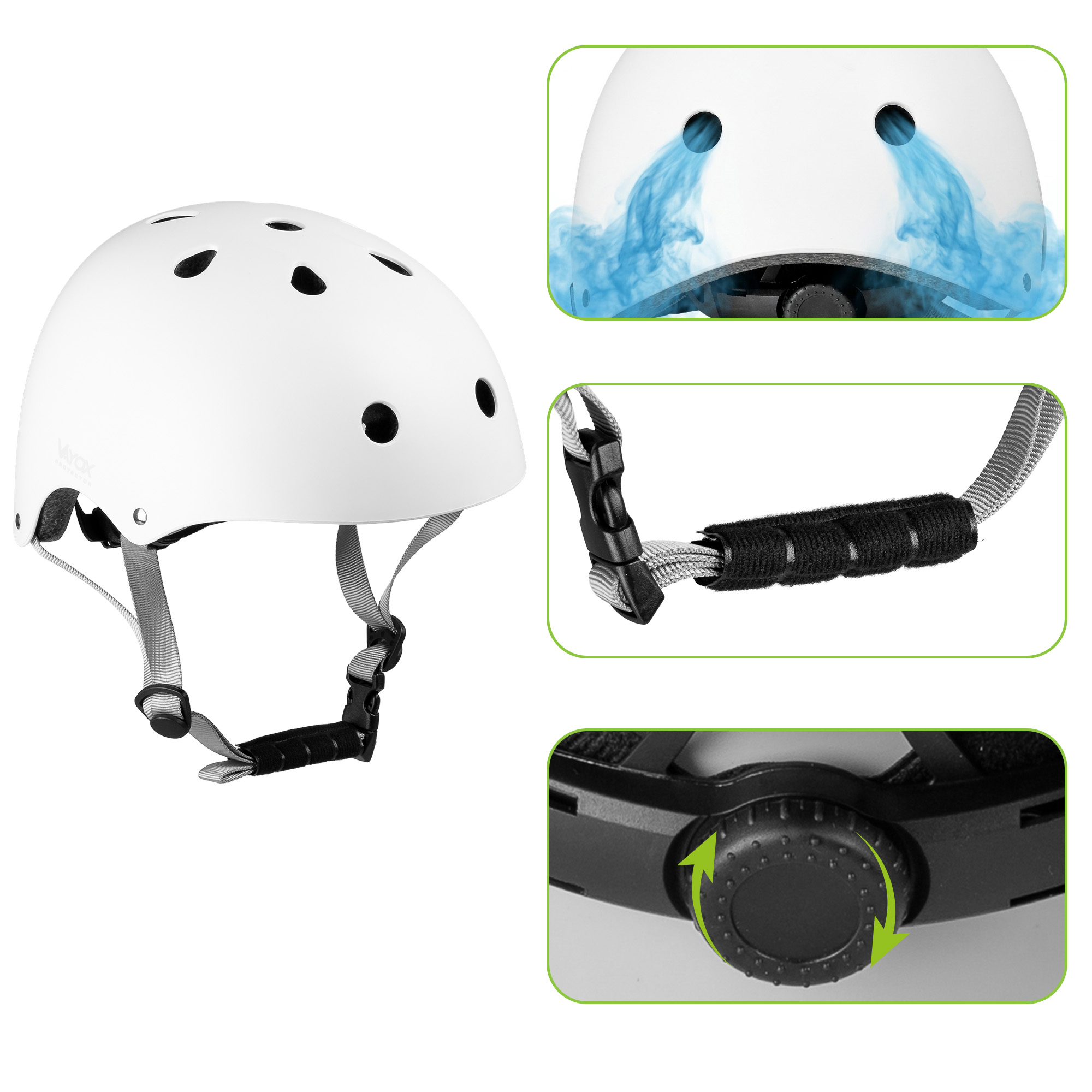 Biały kask z otworami wentylacyjnymi, paskami i pokrętłem regulacji.