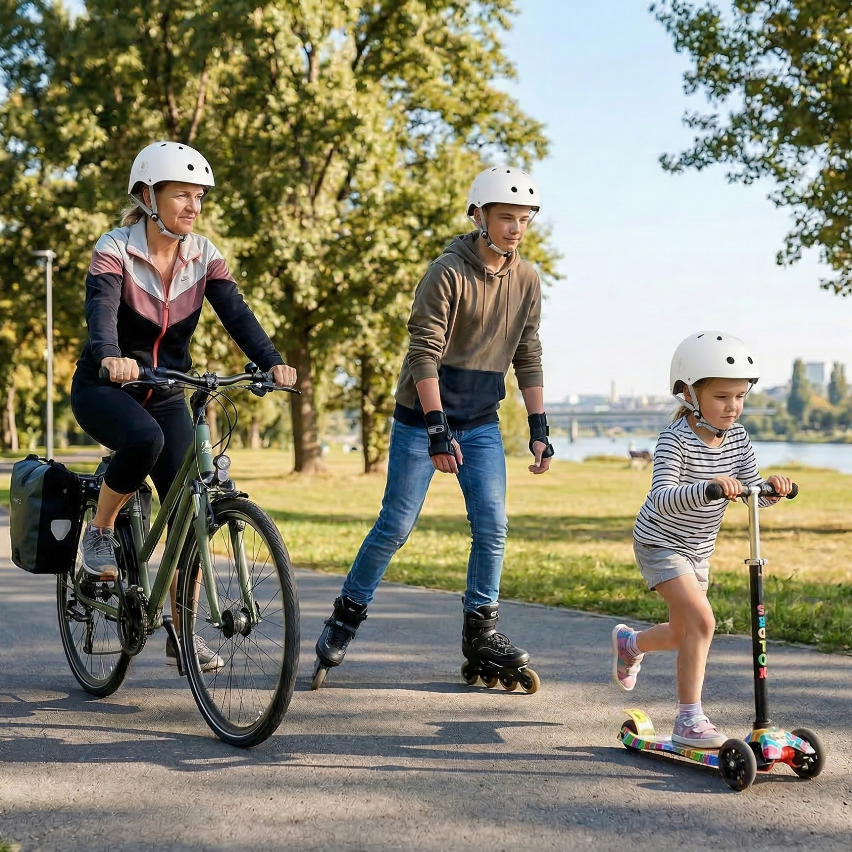 Rodzina jedzie rowerem, rolkach i hulajnodze ścieżką nad rzeką.
