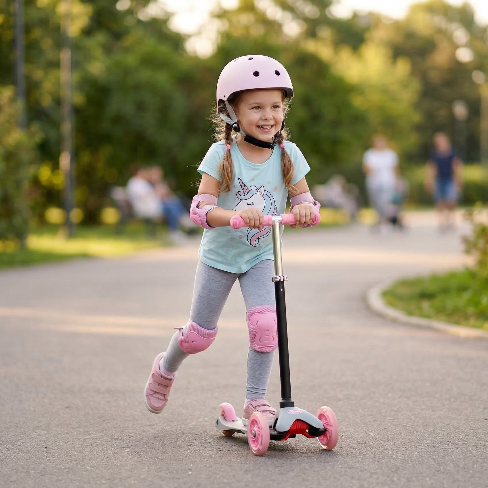 Uśmiechnięta dziewczynka w kasku jeździ na hulajnodze w parku.