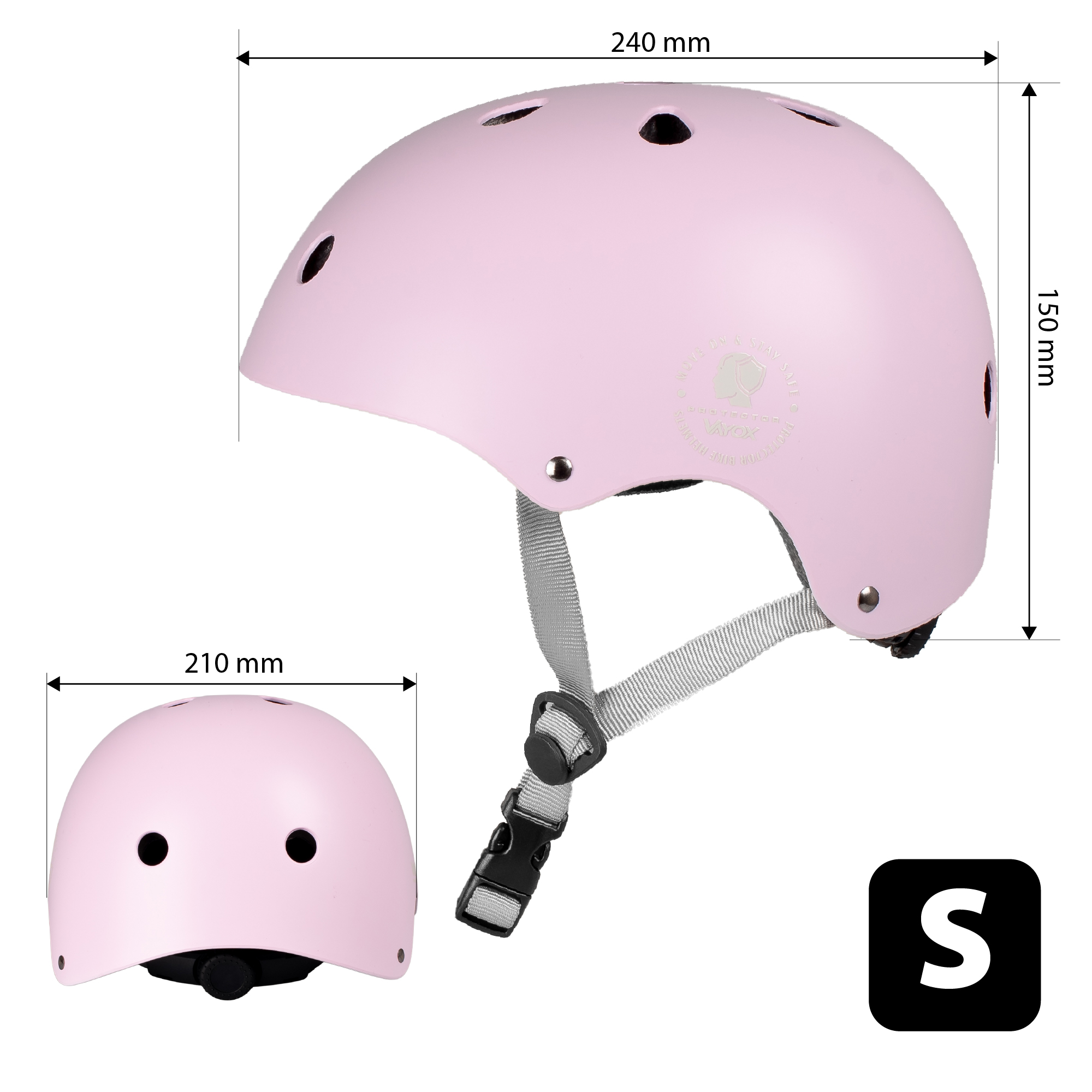 Różowy kask z paskami i oznaczeniem rozmiaru S.