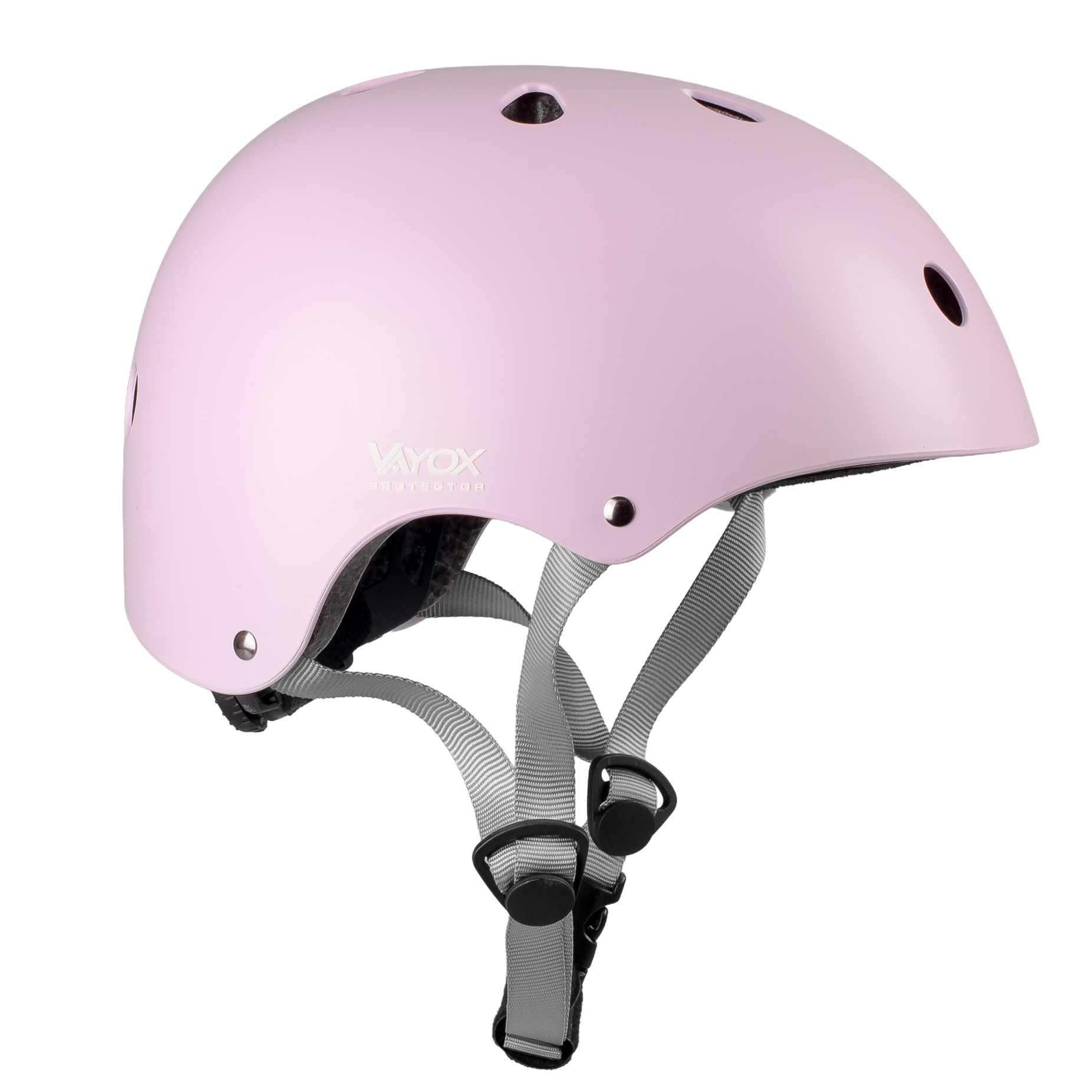 Różowy kask z logo Vayox i szarymi paskami.