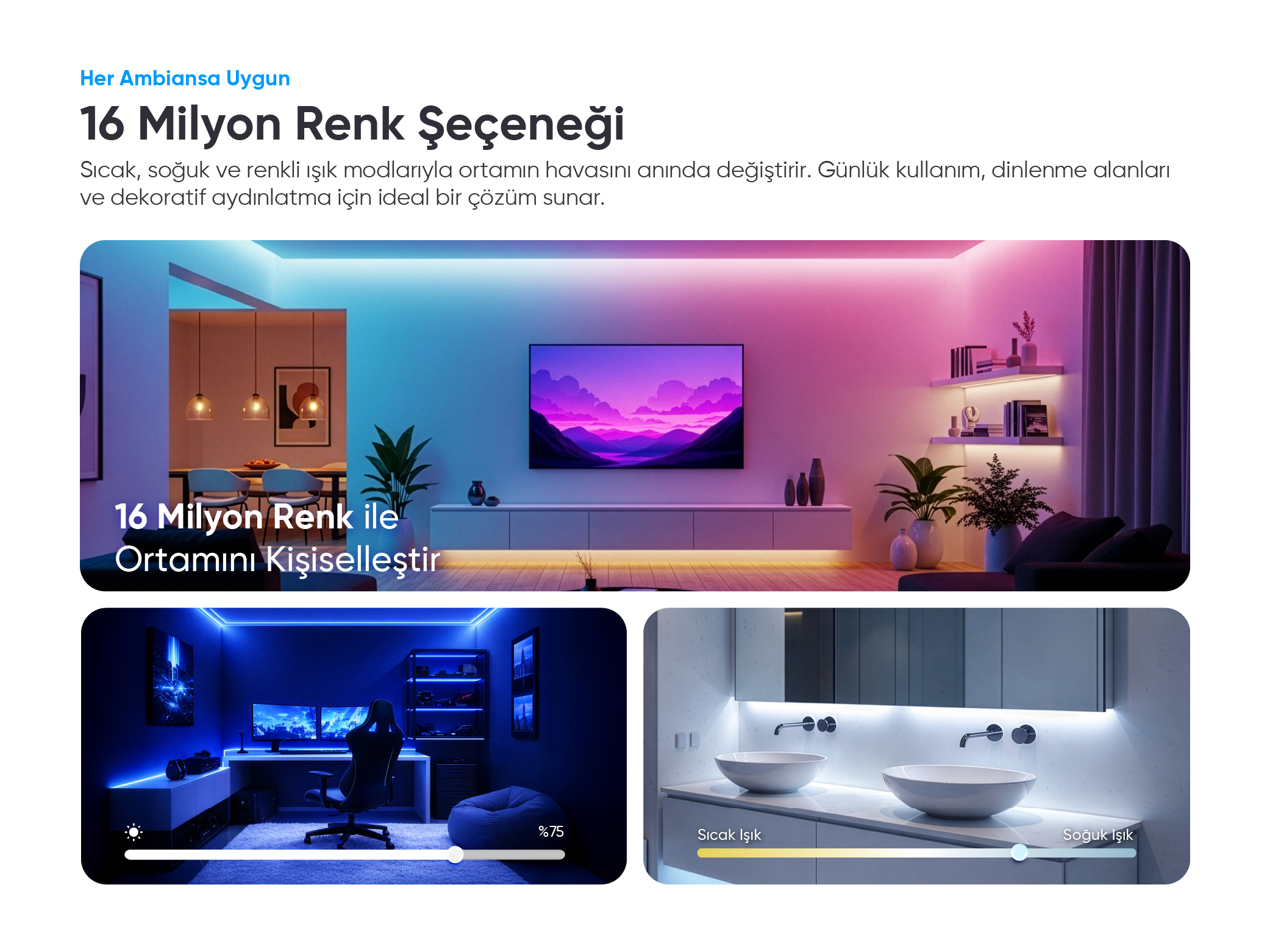 Görüntüler ambiyans aydınlatmalı odaları gösteriyor: salon, oyun odası, banyo.