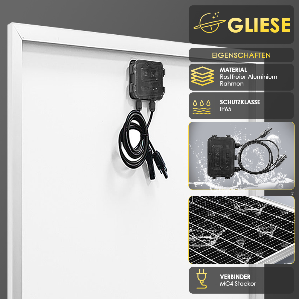 Solarpanel mit schwarzer Anschlussdose und MC4-Steckern, Details zu Material und Schutzklasse.