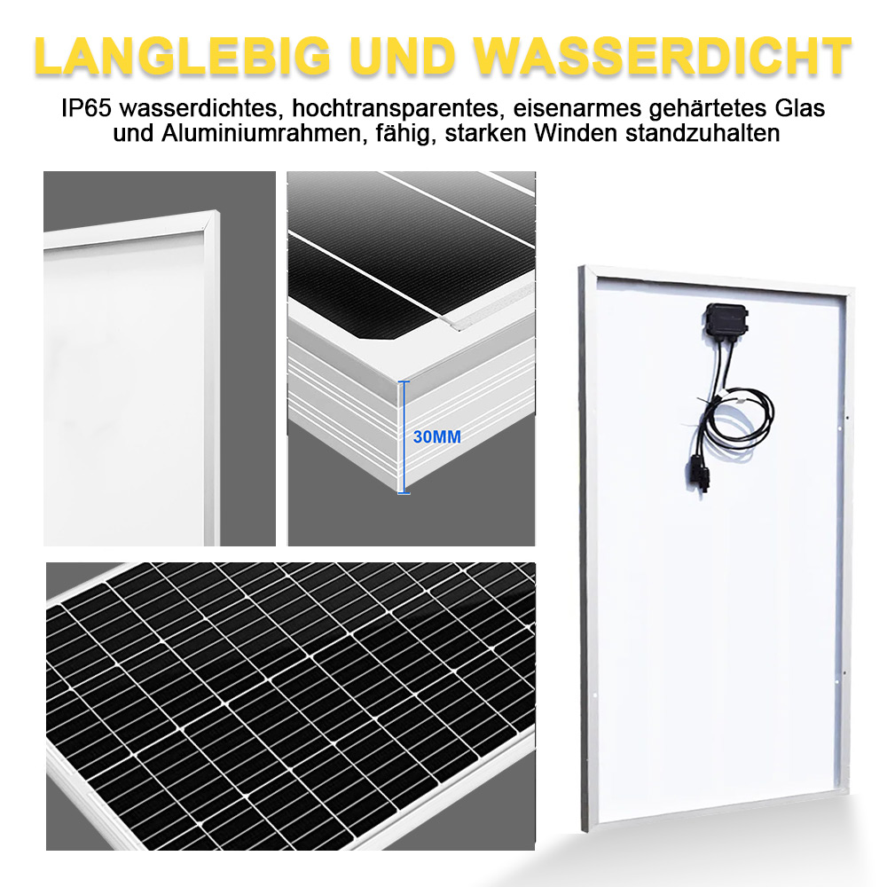 Solarpanel mit detaillierten Ansichten: Vorderseite, Rückseite, Dicke (30mm) und Oberfläche.