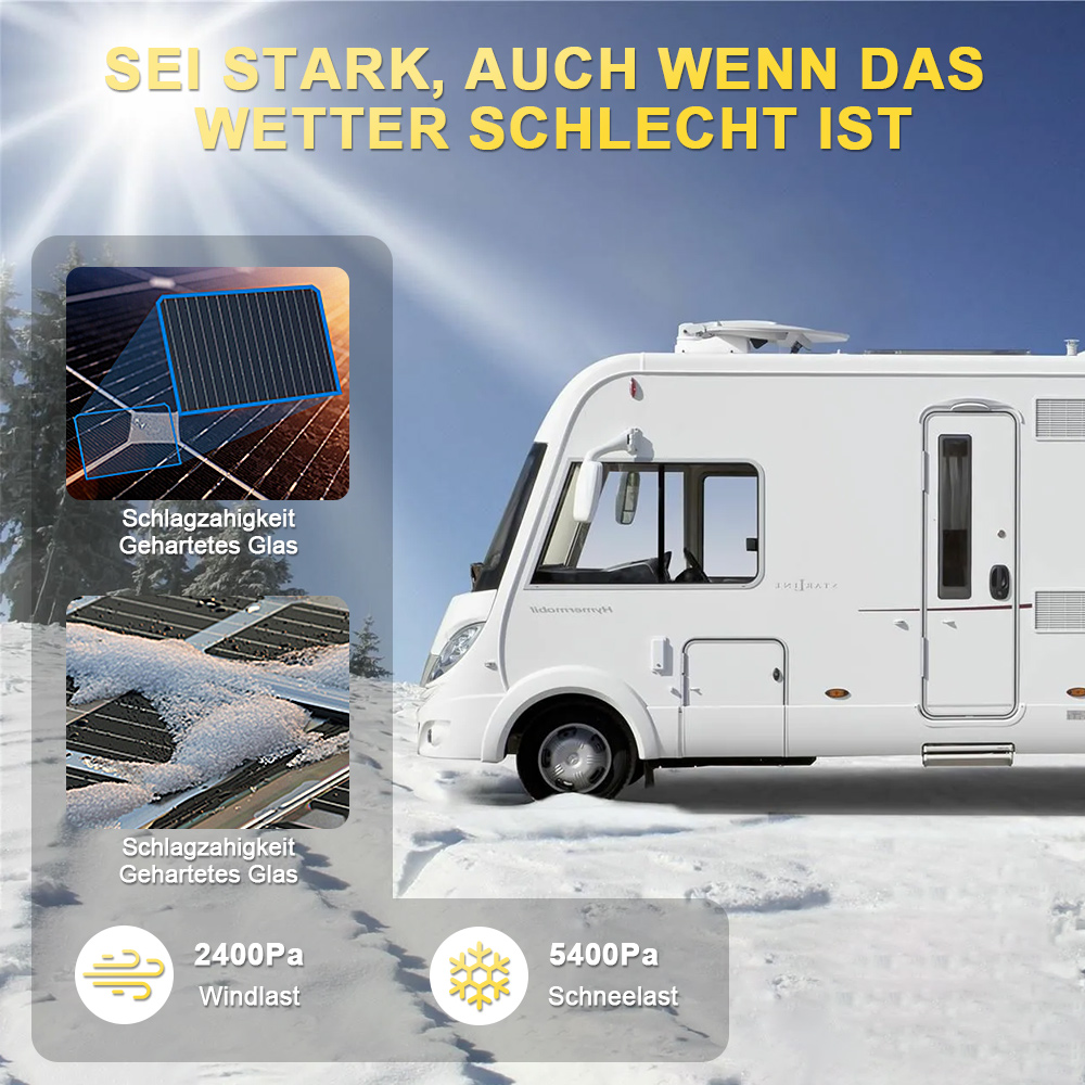 Wohnmobil mit Solarmodulen im Schnee, die Wind- und Schneelast aushalten.