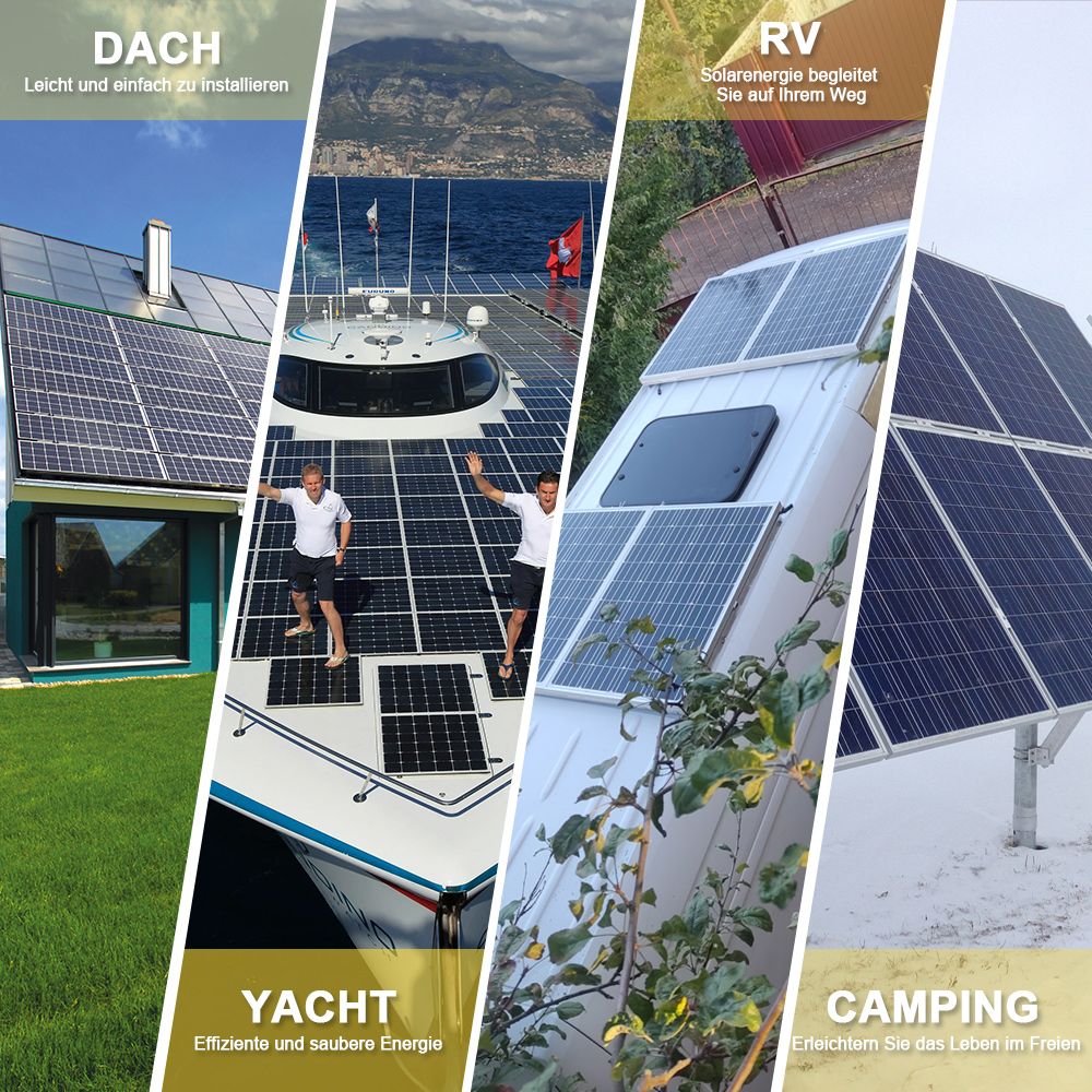 Collage mit Solaranlagen auf Hausdach, Yacht, Wohnmobil und im Freien.