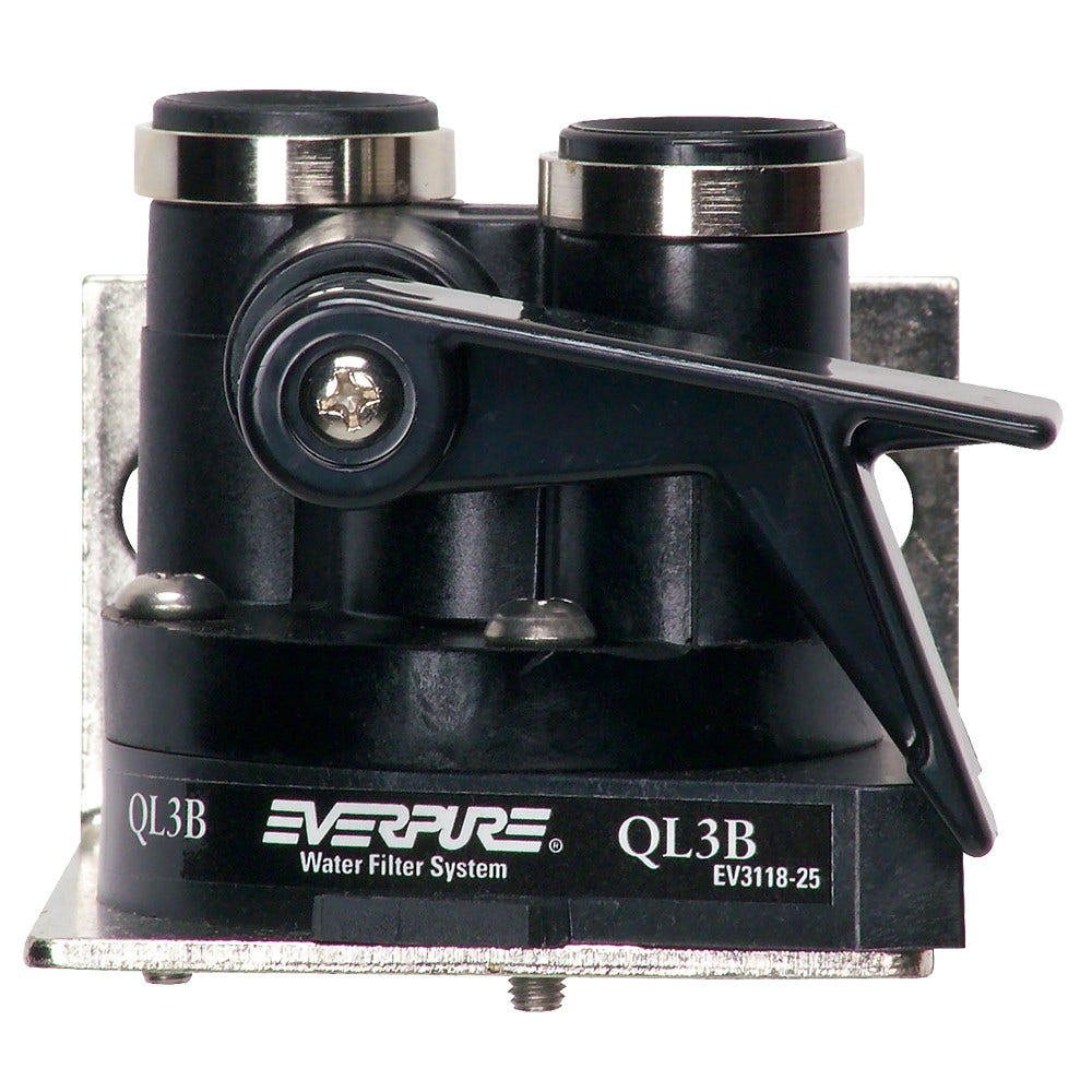 Testa nera sistema filtro acqua Everpure con accenti argento e leva nera.