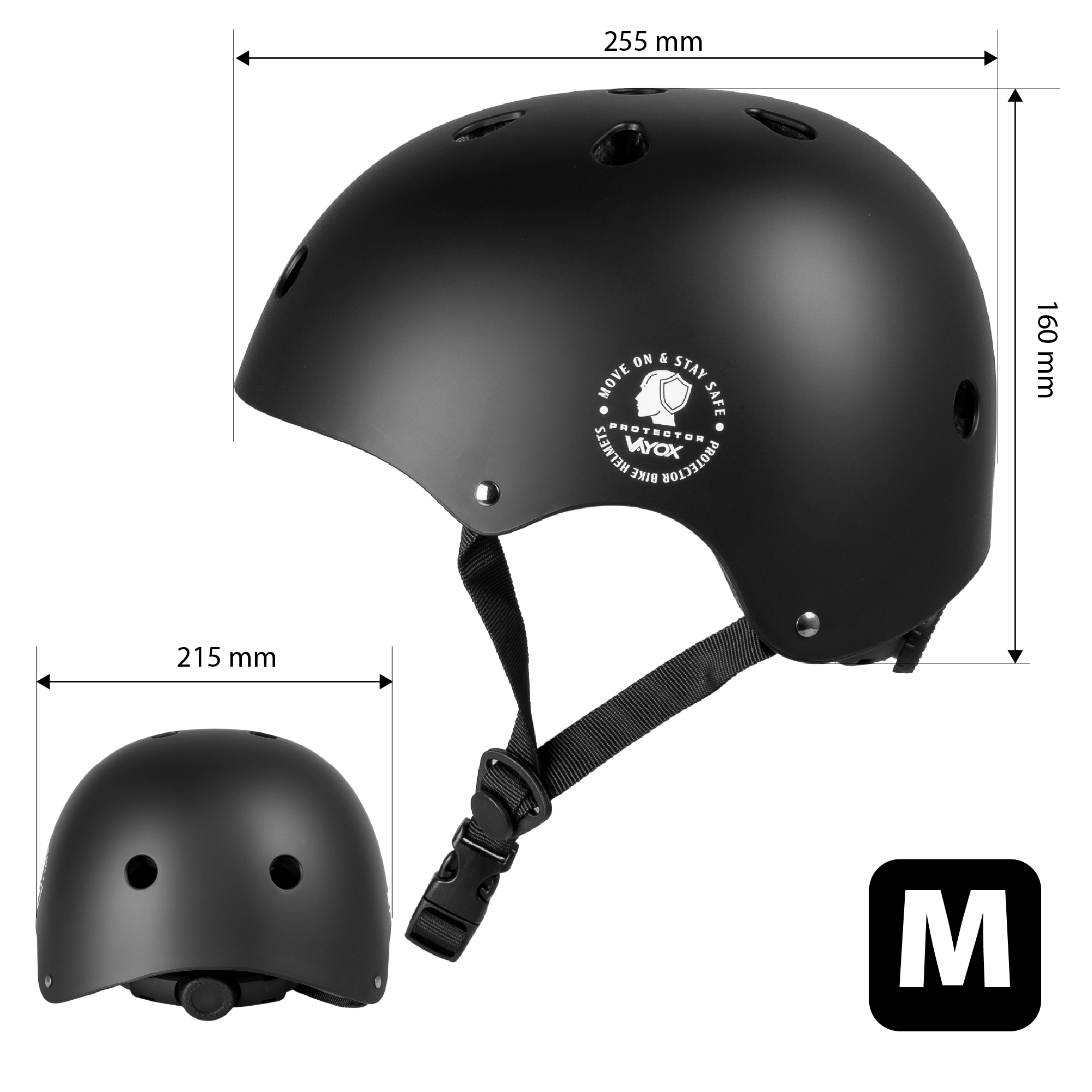 Czarny kask rowerowy z otworami wentylacyjnymi i rozmiarem M.