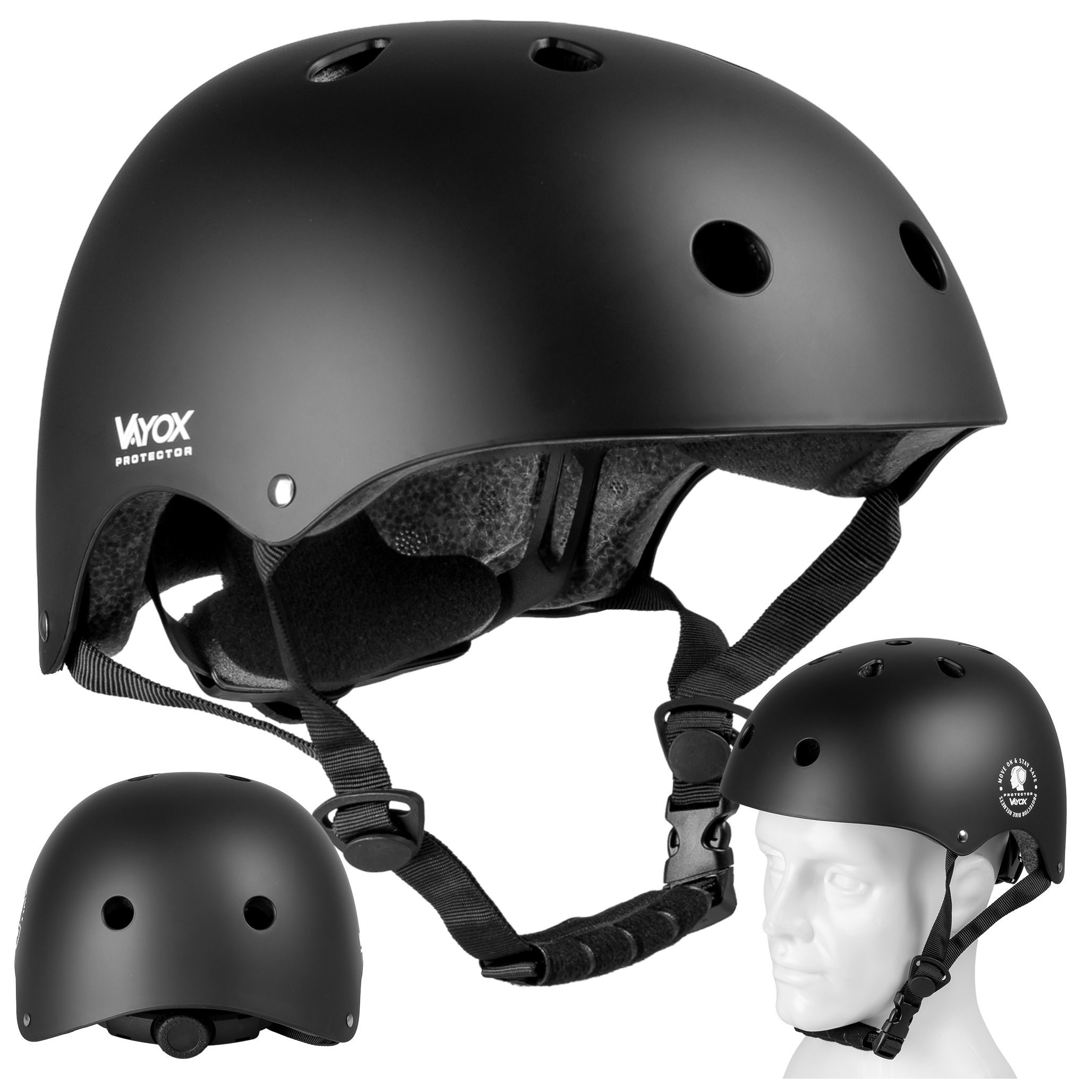 Czarny kask z otworami wentylacyjnymi, paskami i wyściółką.