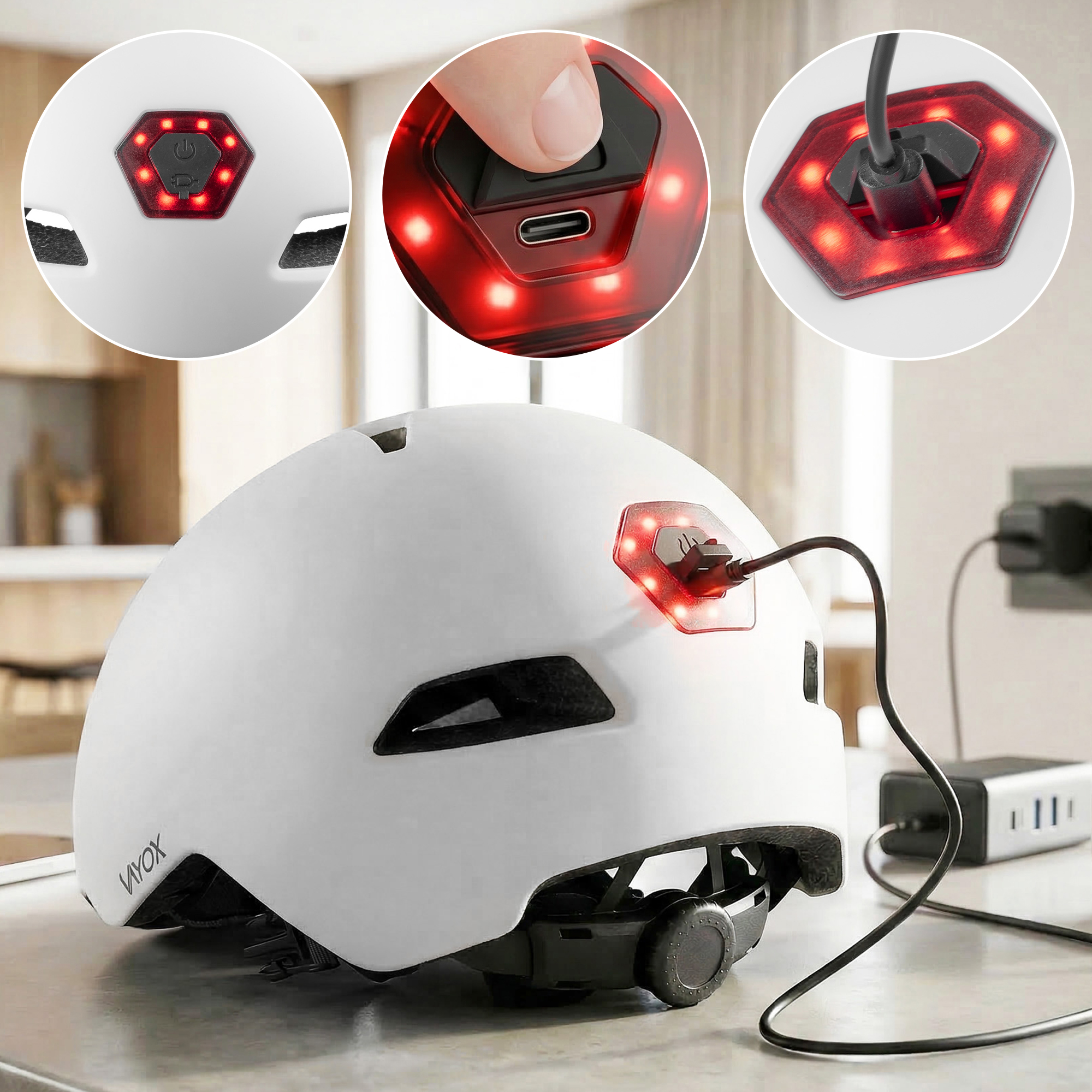 Biały kask jest ładowany przez USB, z czerwonymi światłami LED z tyłu.