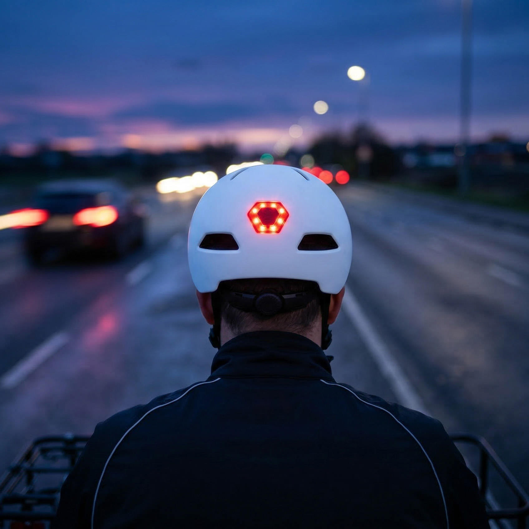 Biały kask rowerowy z czerwonym światłem tylnym jedzie drogą o zmierzchu.