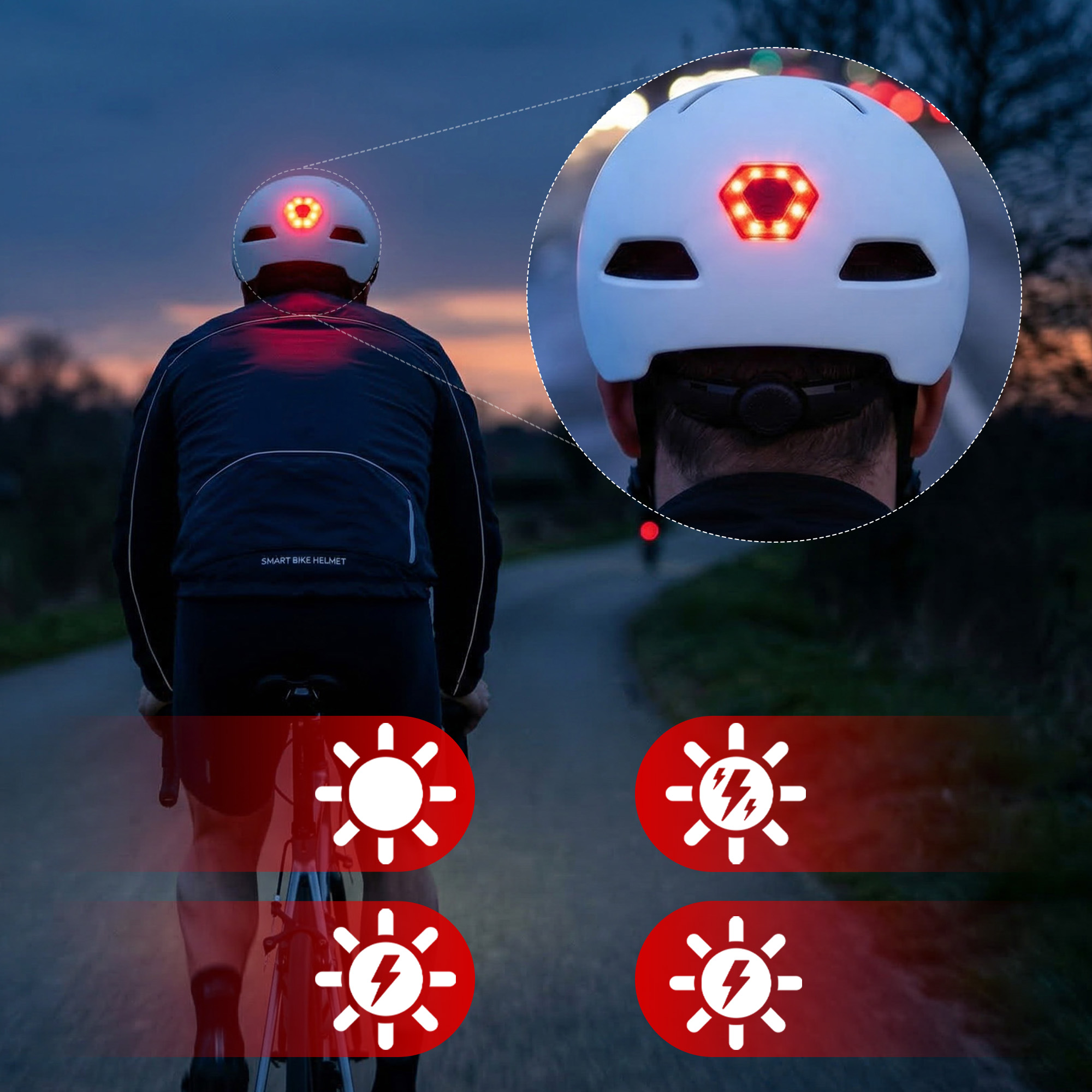 Kolarz o zmierzchu w białym kasku z czerwonym światłem tylnym.