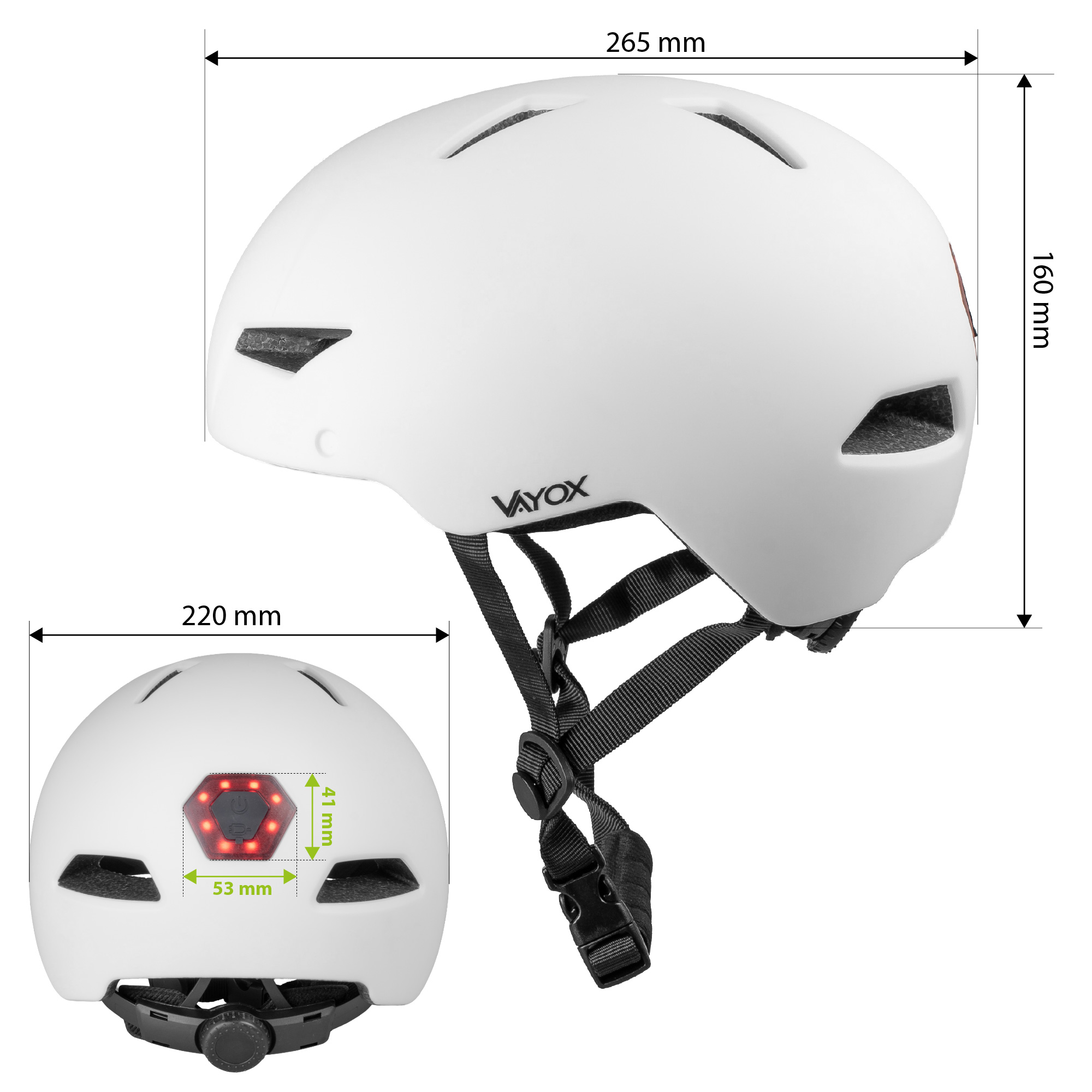 Biały kask rowerowy z czerwonym tylnym światłem LED i oznaczeniami wymiarów.