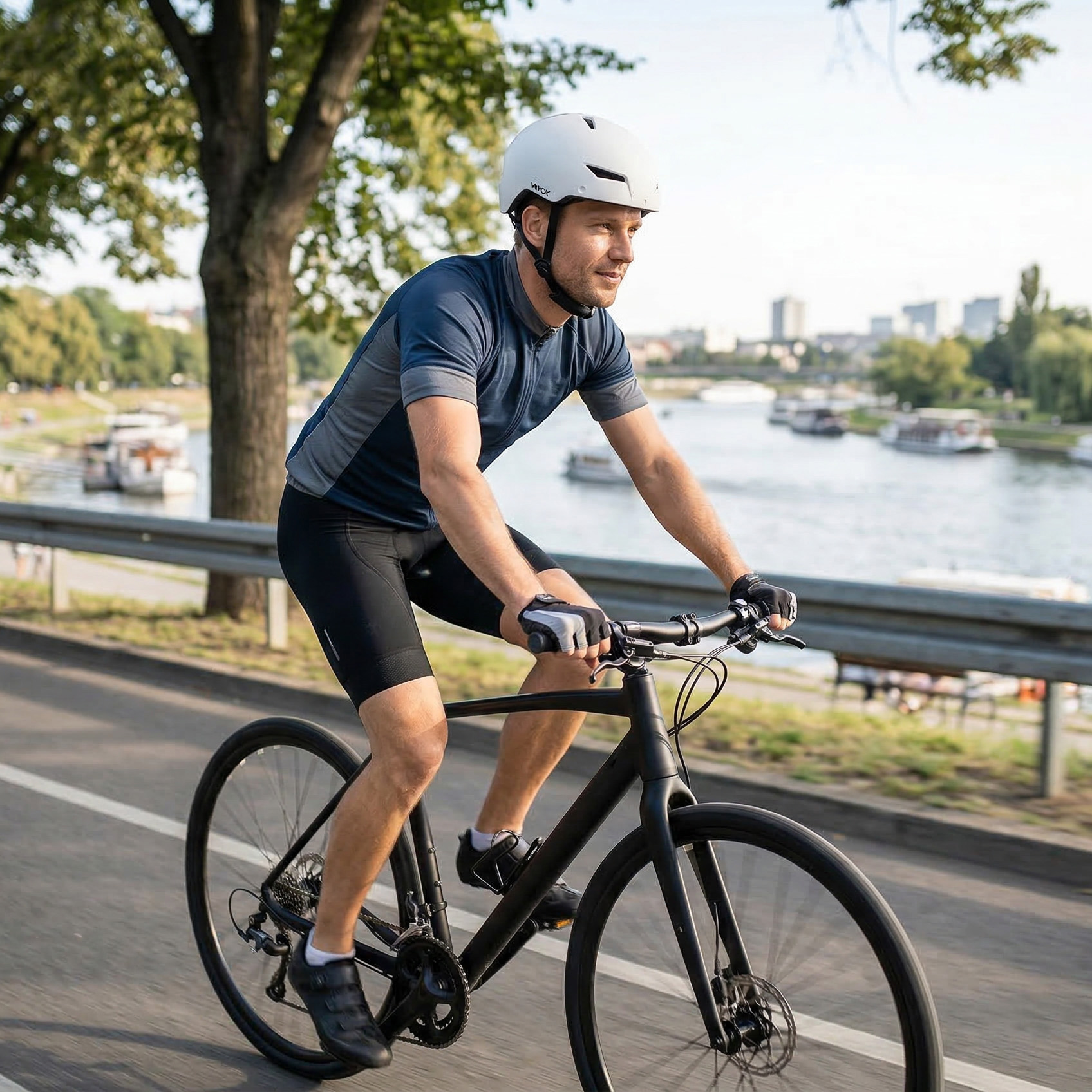 Mężczyzna w stroju kolarskim jedzie czarnym rowerem wzdłuż rzeki.