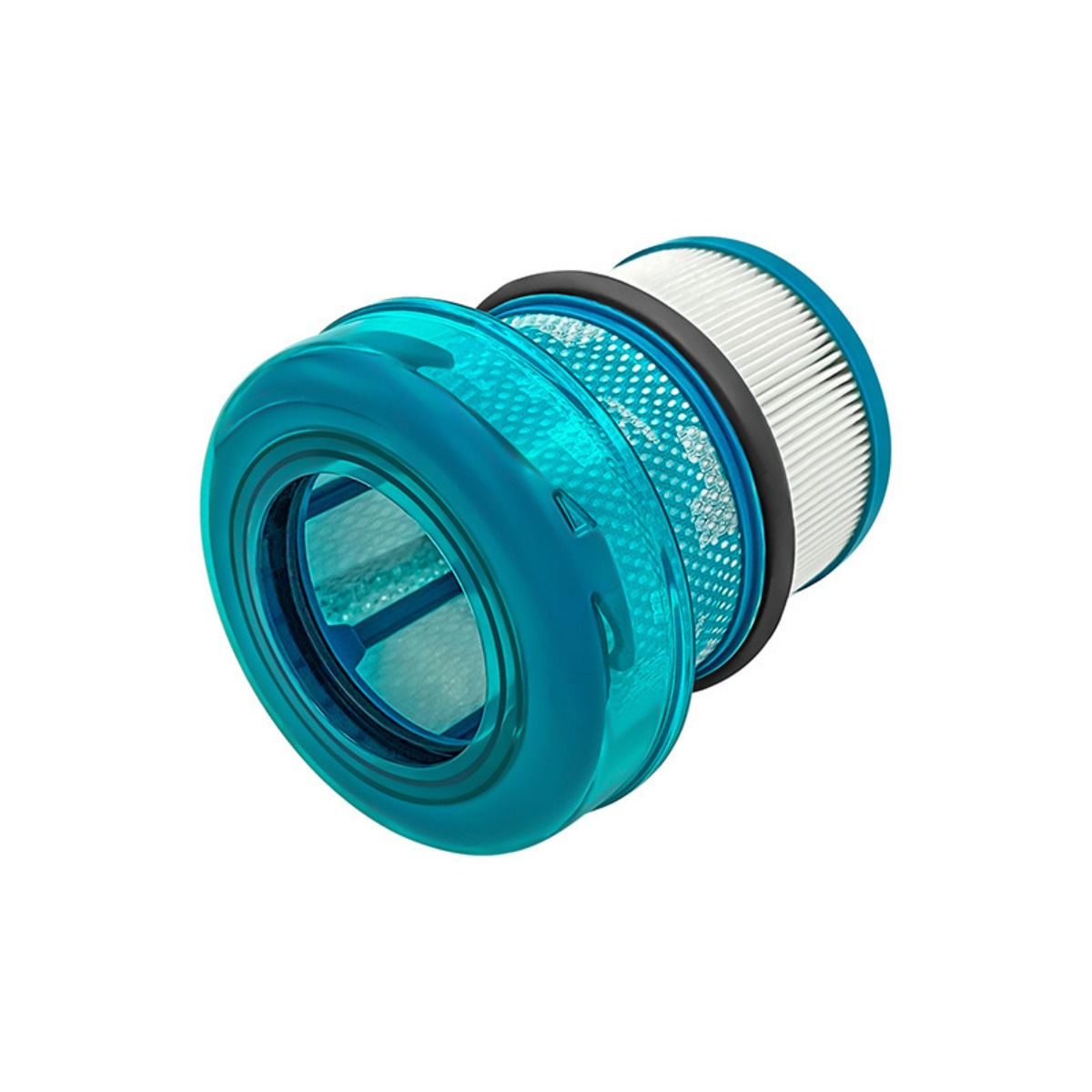 Ein blauer Vakuumfilter mit gefalteten Elementen und transparenten Kammern.