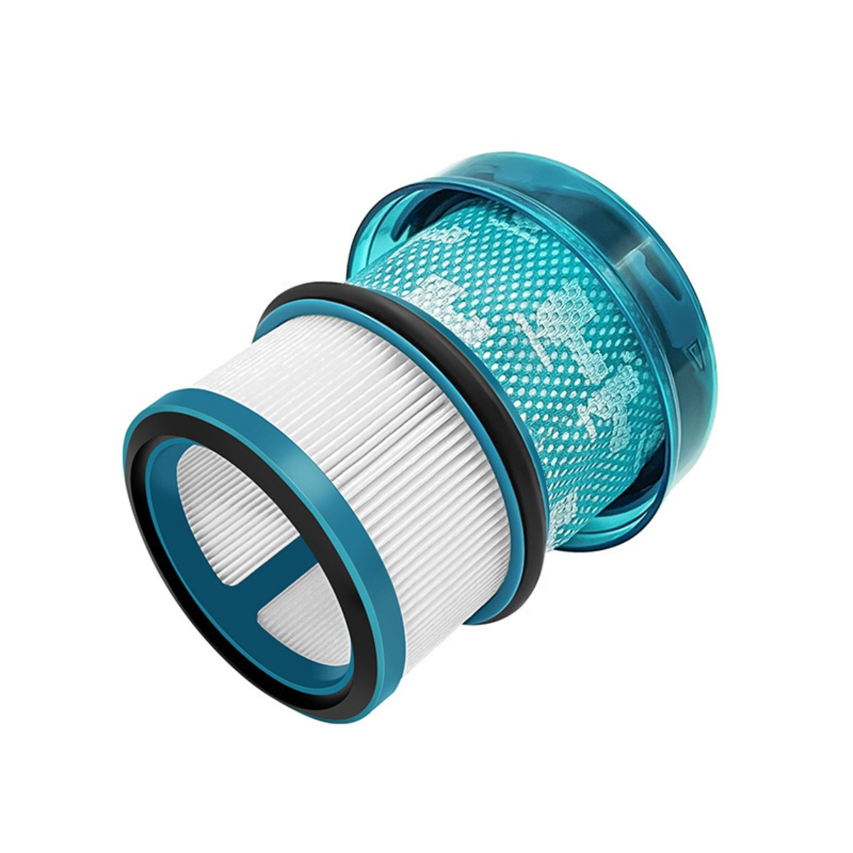 Ein blauer Vakuumfilter mit weißen Falten und einem durchsichtigen blauen Gehäuse.