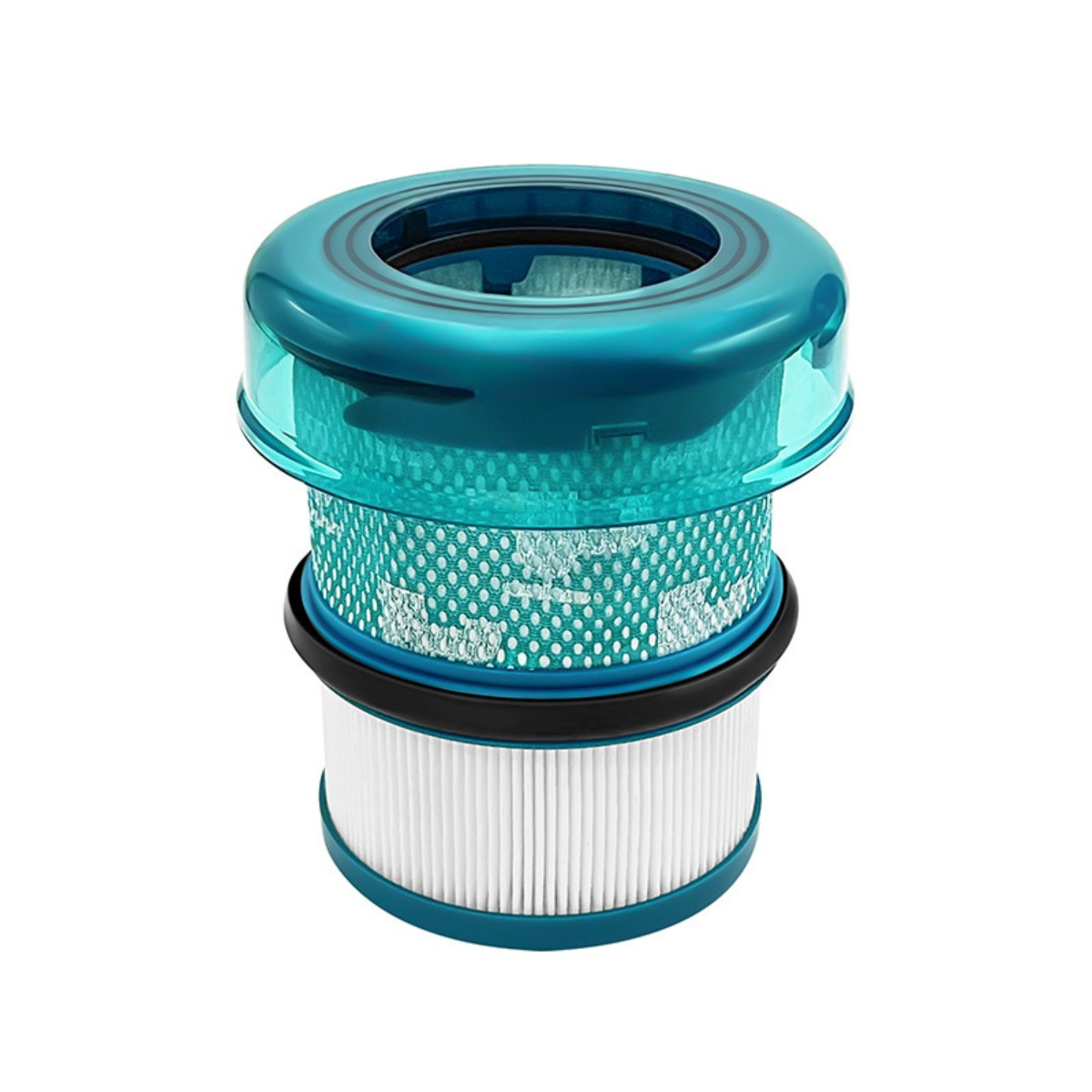 Ein blauer, zylindrischer Staubsaugerfilter mit mehreren Schichten.