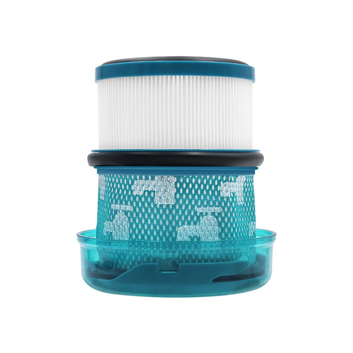 Ein blauer Vakuumfilter mit weißem HEPA-Filter und durchsichtigem Behälter.