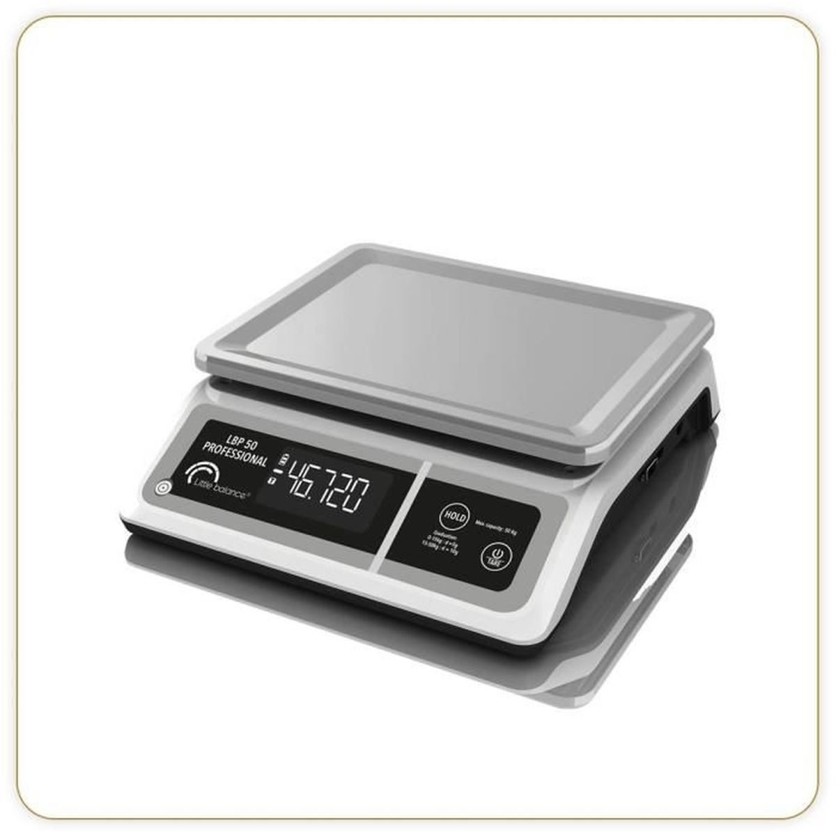 Eine digitale Waage mit silberner Wiegefläche und schwarzem Display.